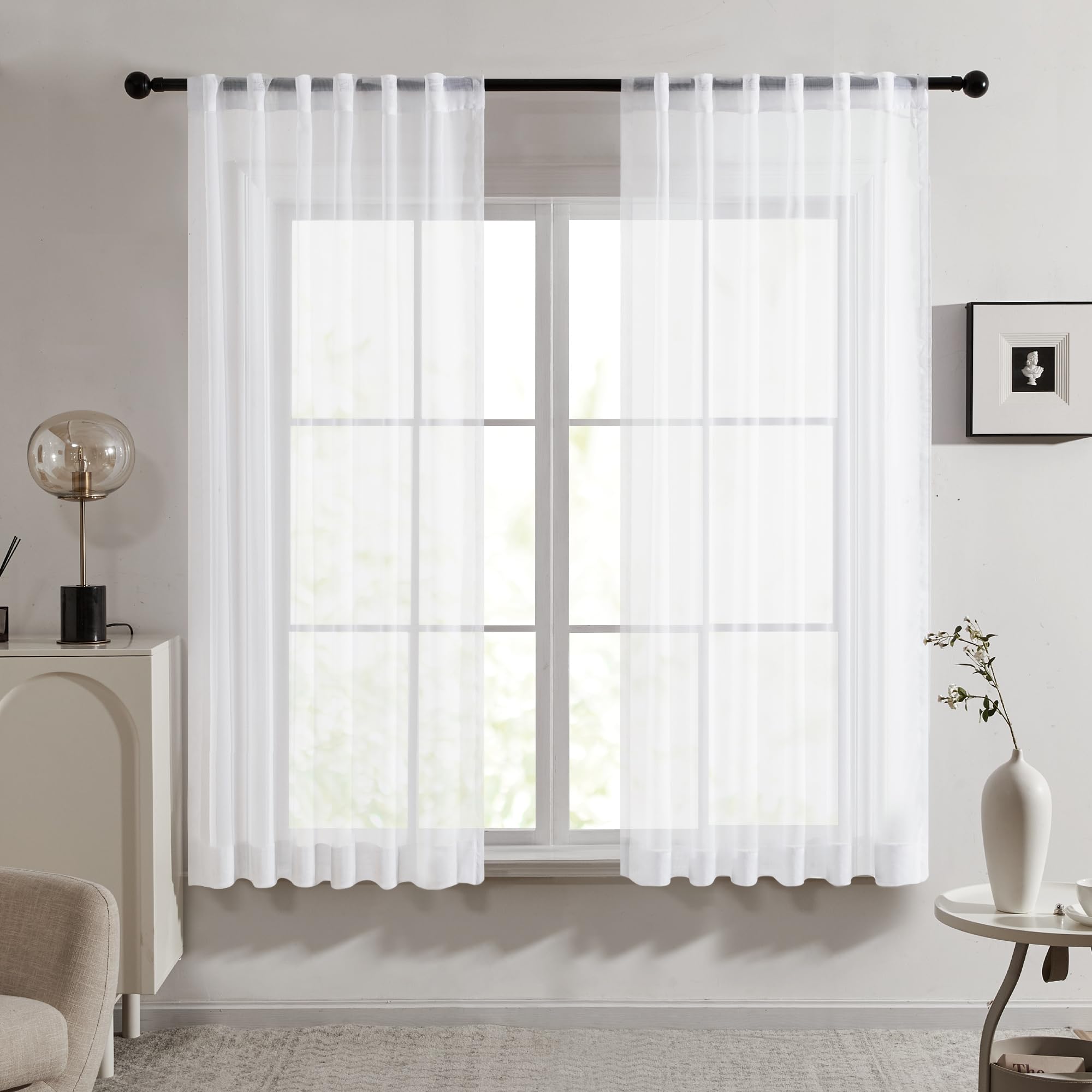 Deconovo Sheer Curtains 45 Inches Long, Back Tab Curtains, White Curtains 2 Panels, Elegant Window Voile Panels, Decoration for Living Room and Bedroom 54X45 Inches