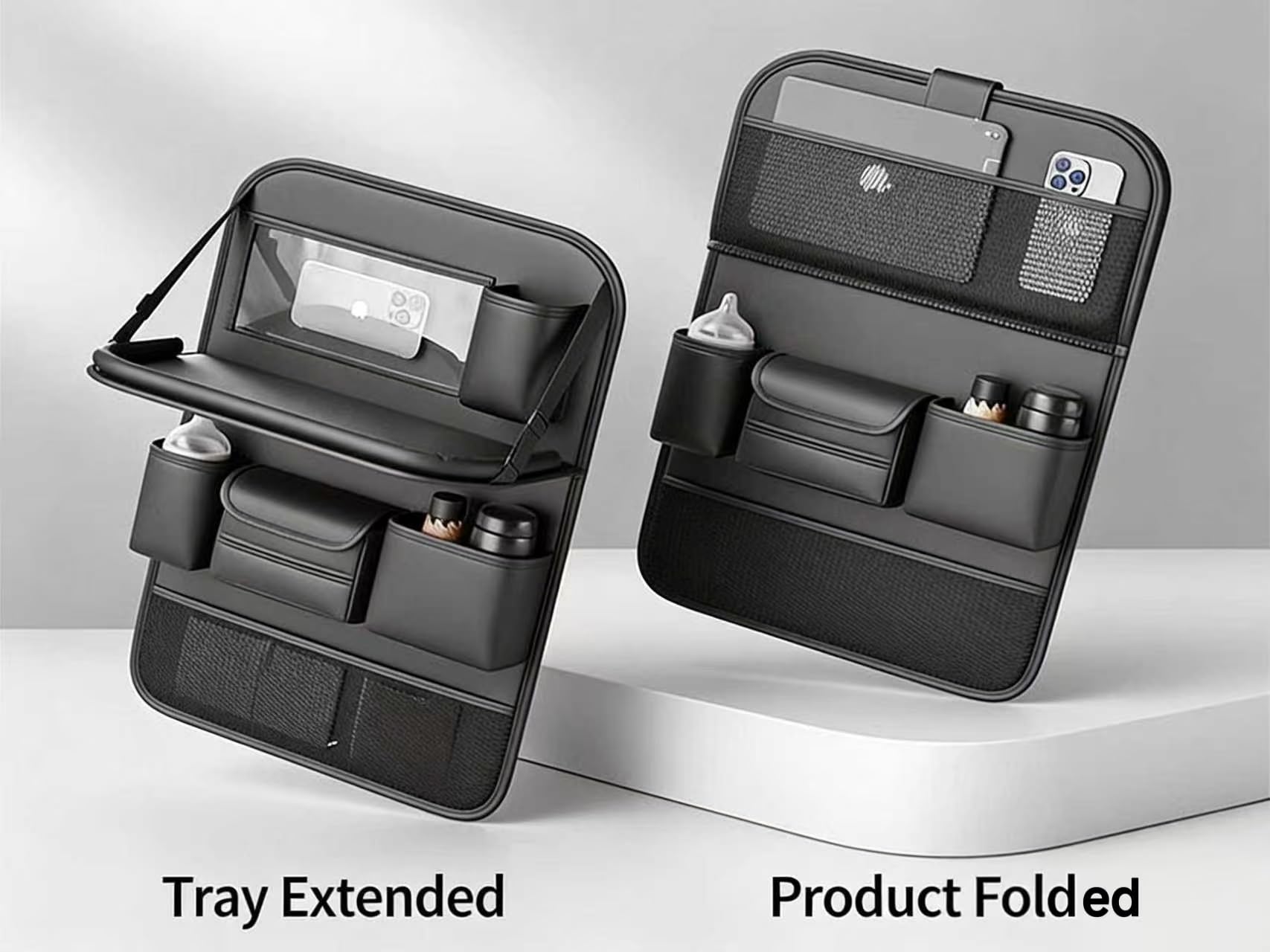Organizador de asiento trasero de coche con mesa, bolsa de almacenamiento de piel sintética con bandeja plegable, organizador de asiento trasero multifunción para coche, camión, SUV (gris)