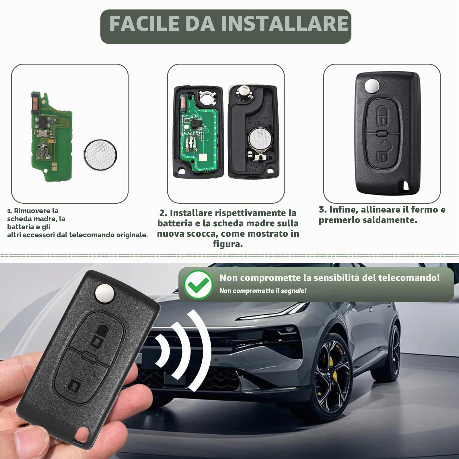 Custodia Chiave Auto CE0536 Compatibile Peugeot 207 307 308 SW 3008 5008 Partner Citroen C3 C2 C4 C5 C6 C8 Telecomando 2 Pulsanti Pieghevole