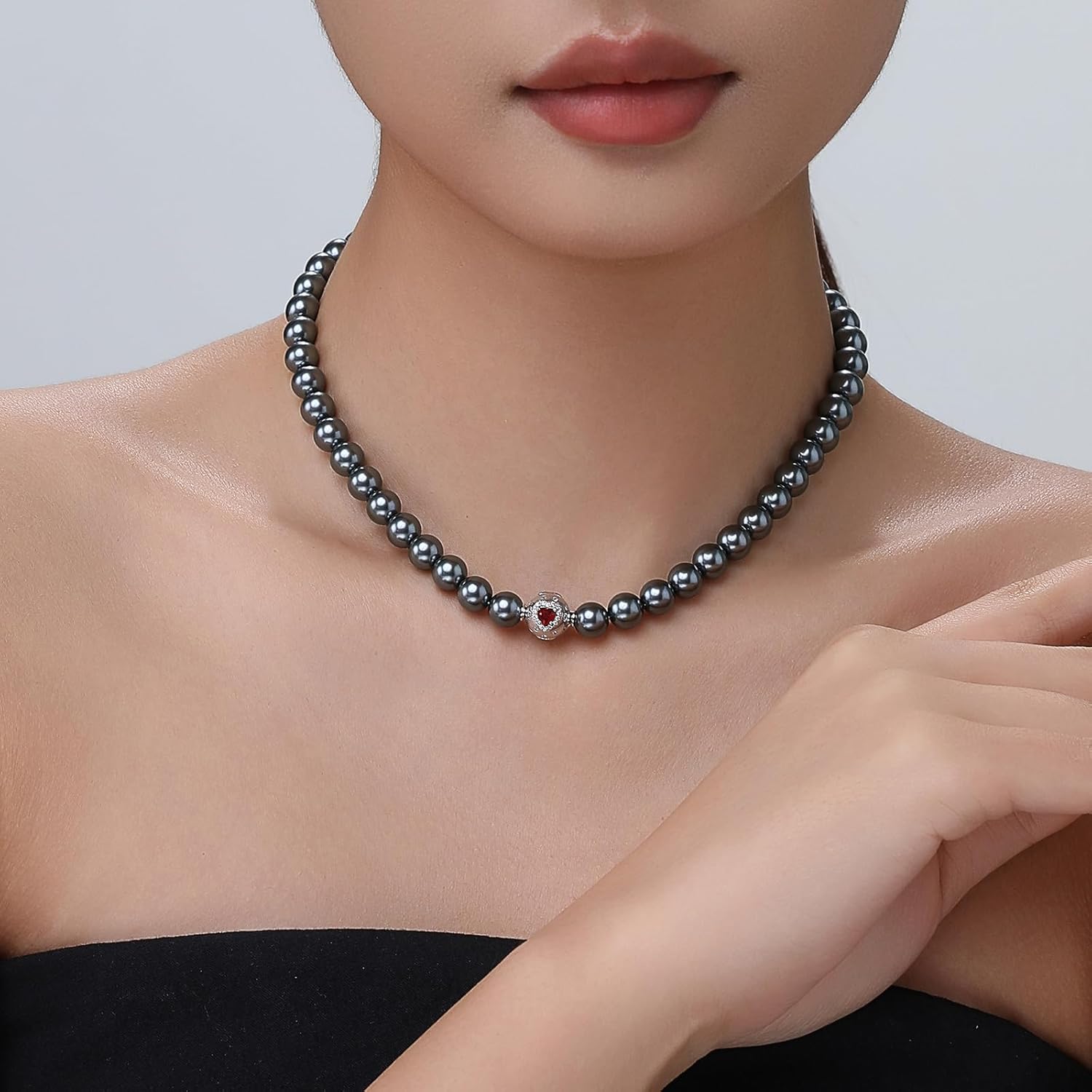 D-POW Black Pearl Necklace Round Pearl Strand Necklace with 925 Sterling Silver Bead Jewelry Gift for Women Mother Wife