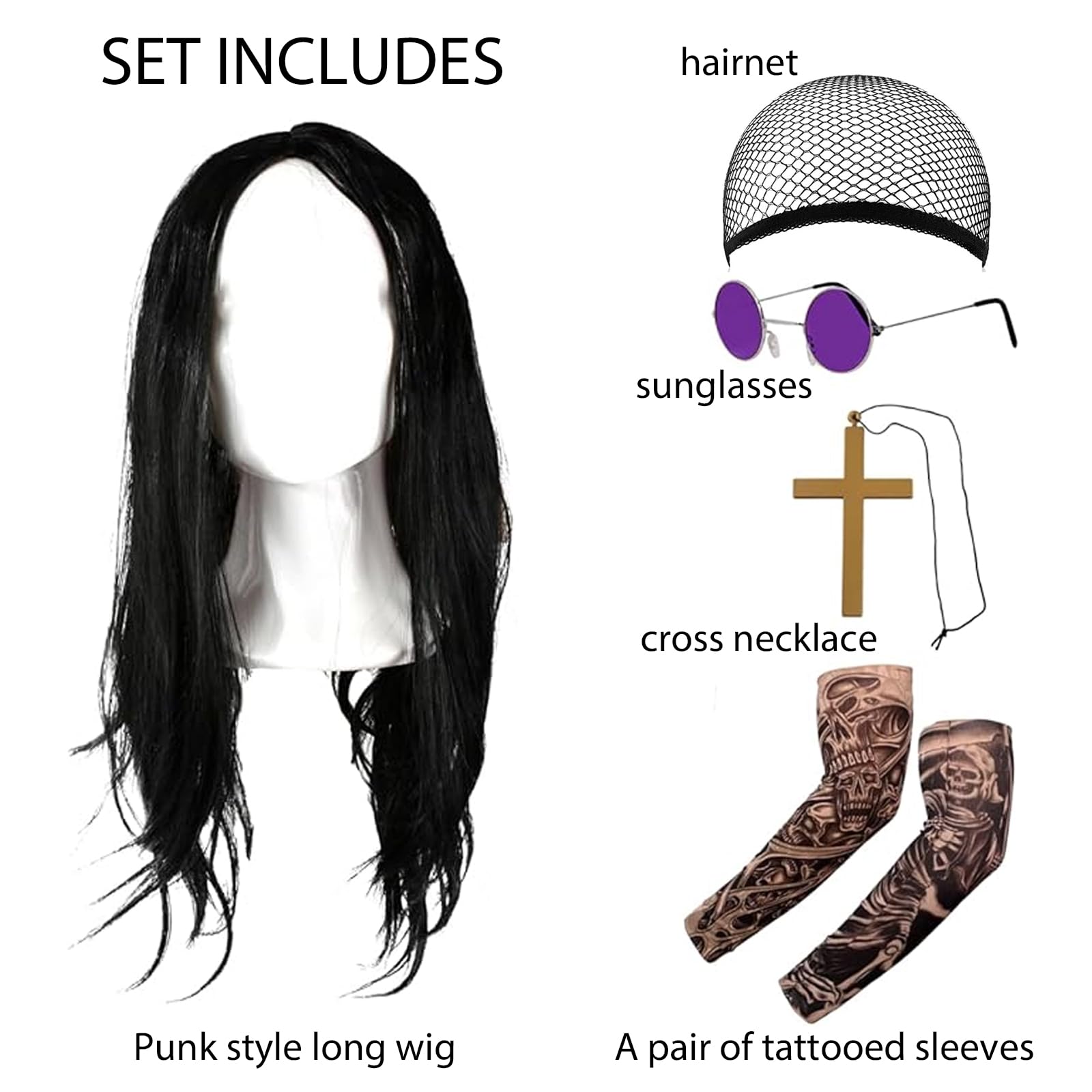EDLMKM 5Pcs Rocker Wig Set, Rock Costume Set, Black Long Wig, Round Hippy Glasses, Cross Necklace and Tattoo Sleeves, Rocker Fancy Dress Accessories, Costume for Theme Party Halloween Stage Carnival - Image 3