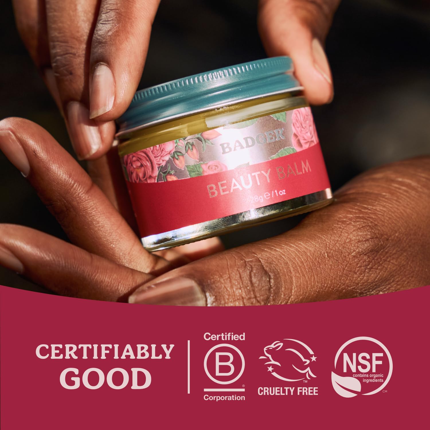 Badger Rose Beauty Balm, 100% Organic Nourishing Treatment For Face, Neck & Hands w/Pure Rose Essential Oil, Intensive Long Lasting Face Moisturizer for Women & Men, 1 oz Glass Jar - Image 8