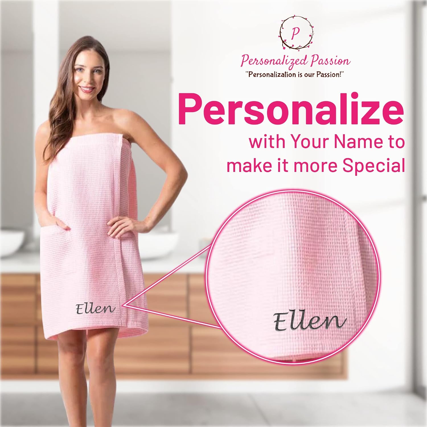 Personalized Passion Spa Towel Wrap for Women - Super Soft and Highly Absorbent Waffle Body Wrap - Customized Bath Body Cover with Embroidered Name - White - S-M