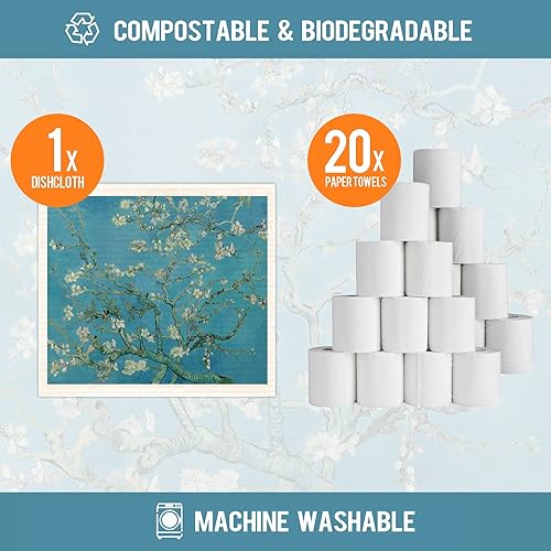 Miniatura 4 de Morigins Paños de cocina suecos para cocina, paquete de 6 paños de esponja de celulosa para pintura de Van Gogh, toallas de papel reutilizables, sin