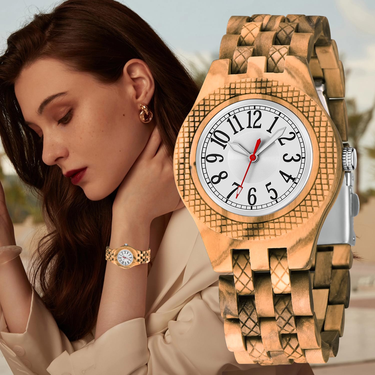 Tiong Orologio analogico da donna in legno, orologio al quarzo in legno semplice in stile arabo