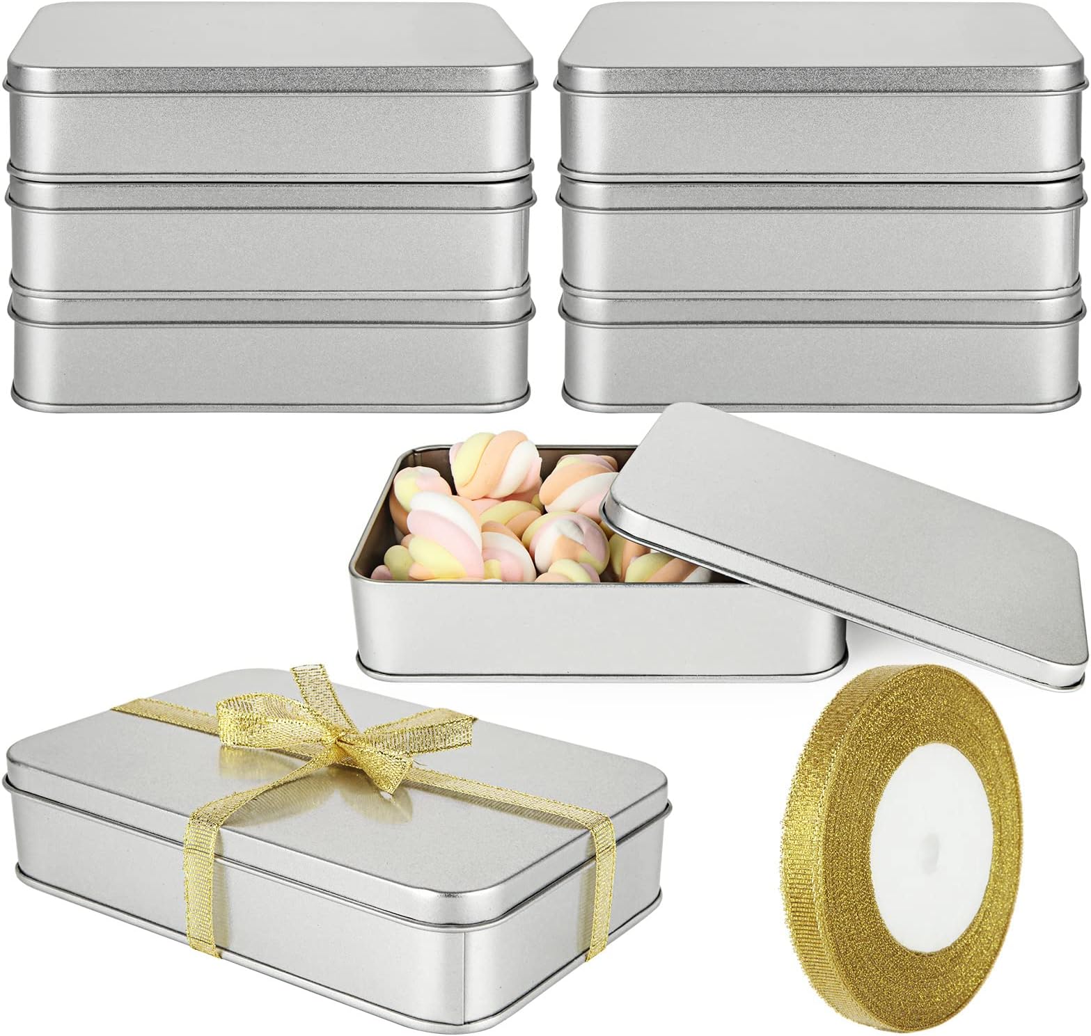 8 Pack Empty Metal Tins Box with Lid - Cookie Tins Silver Metal Rectangular Tin Box Lids for Treats, Gifts, Favors, Candle and Crafts (6.2 x 4.3 x 1.4 Inches)