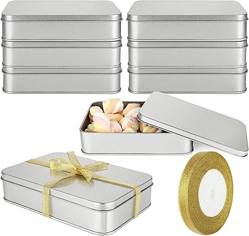 Paquete de 8 cajas de latas de metal vacías con tapa, latas de galletas rectangulares de metal plateado para golosinas, regalos, regalos, velas y