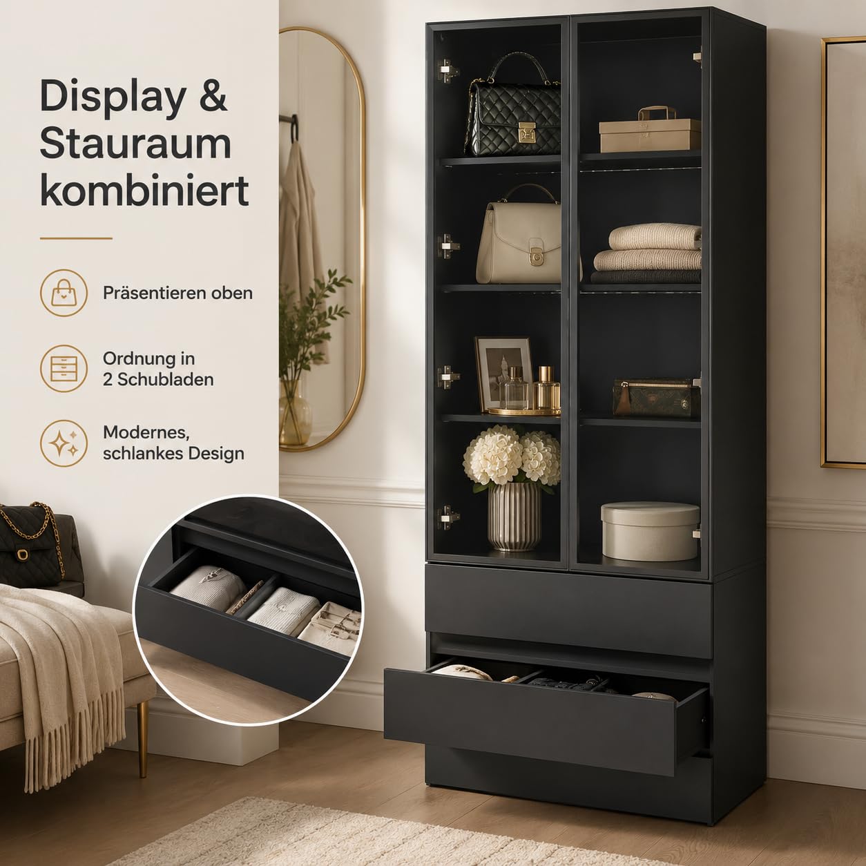 Vitrine, Vitrinenschrank,2 Türen 2 Schubladen Schwarzglas Vitrine für Wohnzimmer, Esszimmer, Büro, Küche, 80 * 36 * 200cm, MDF, Schwarz