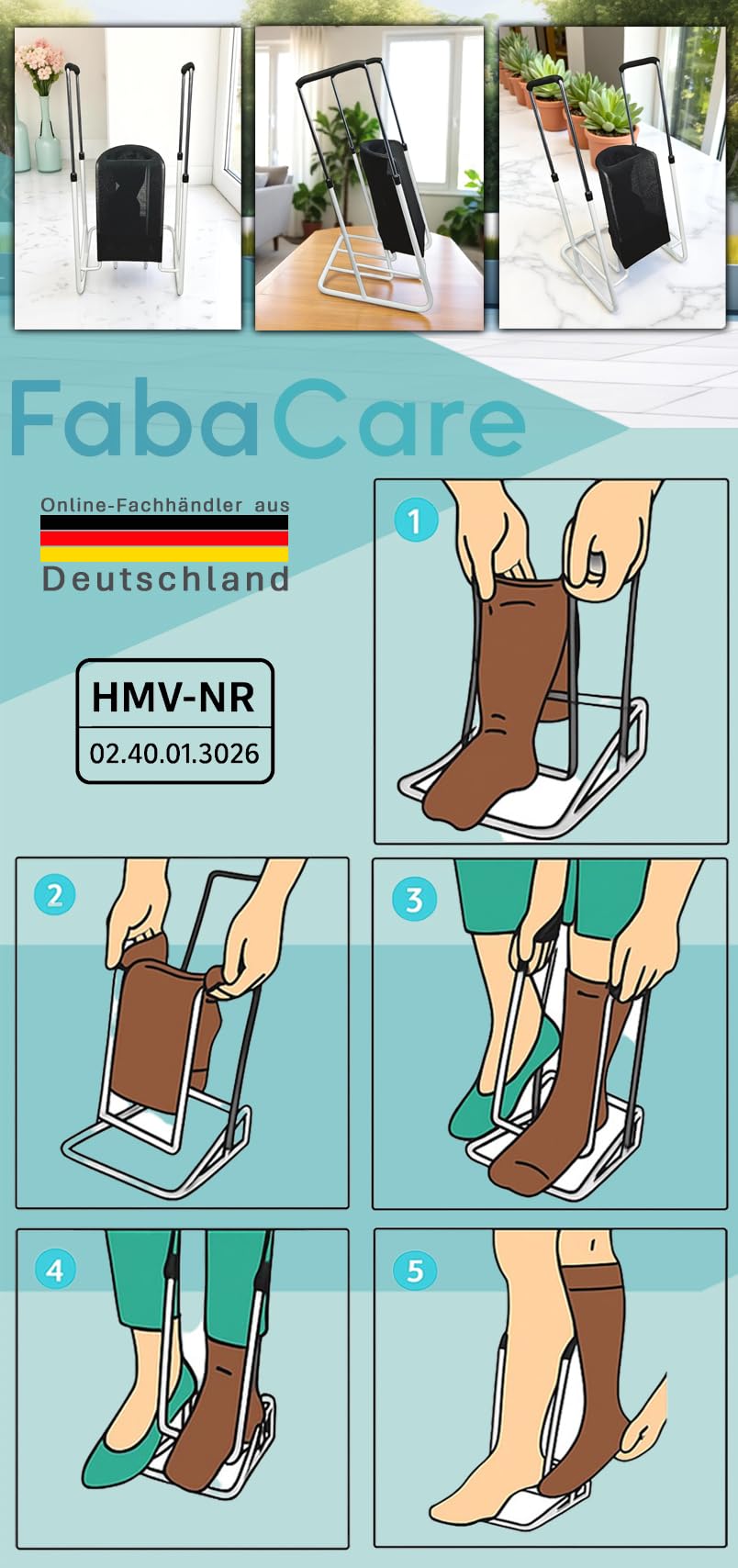 FabaCare Strumpfanzieher Anziehhilfe 12 cm für Kompressionsstrümpfe | Höhenverstellbar 41–61 cm, für Stütz- & Thrombosestrümpfe, knie- & hüfthoch, Metallgestell mit PU-Griffen
