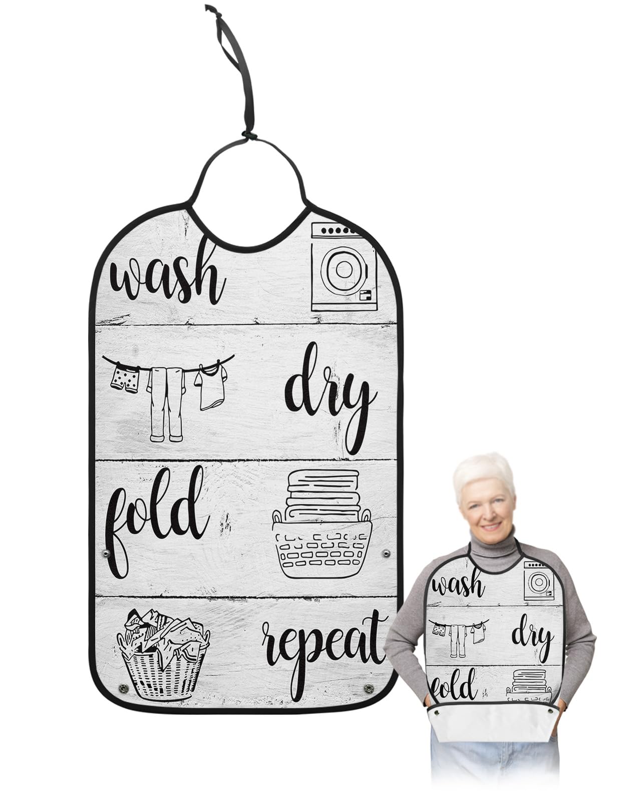 Laundry Room Adult Bibs for Eating, Waterproof Bibs with Food Catcher & Adjustable Snap Closure, Wash Dry Fold Repeat Splicing Wood Washable Clothing Protectors Adult Bibs for Elderly Women/Men