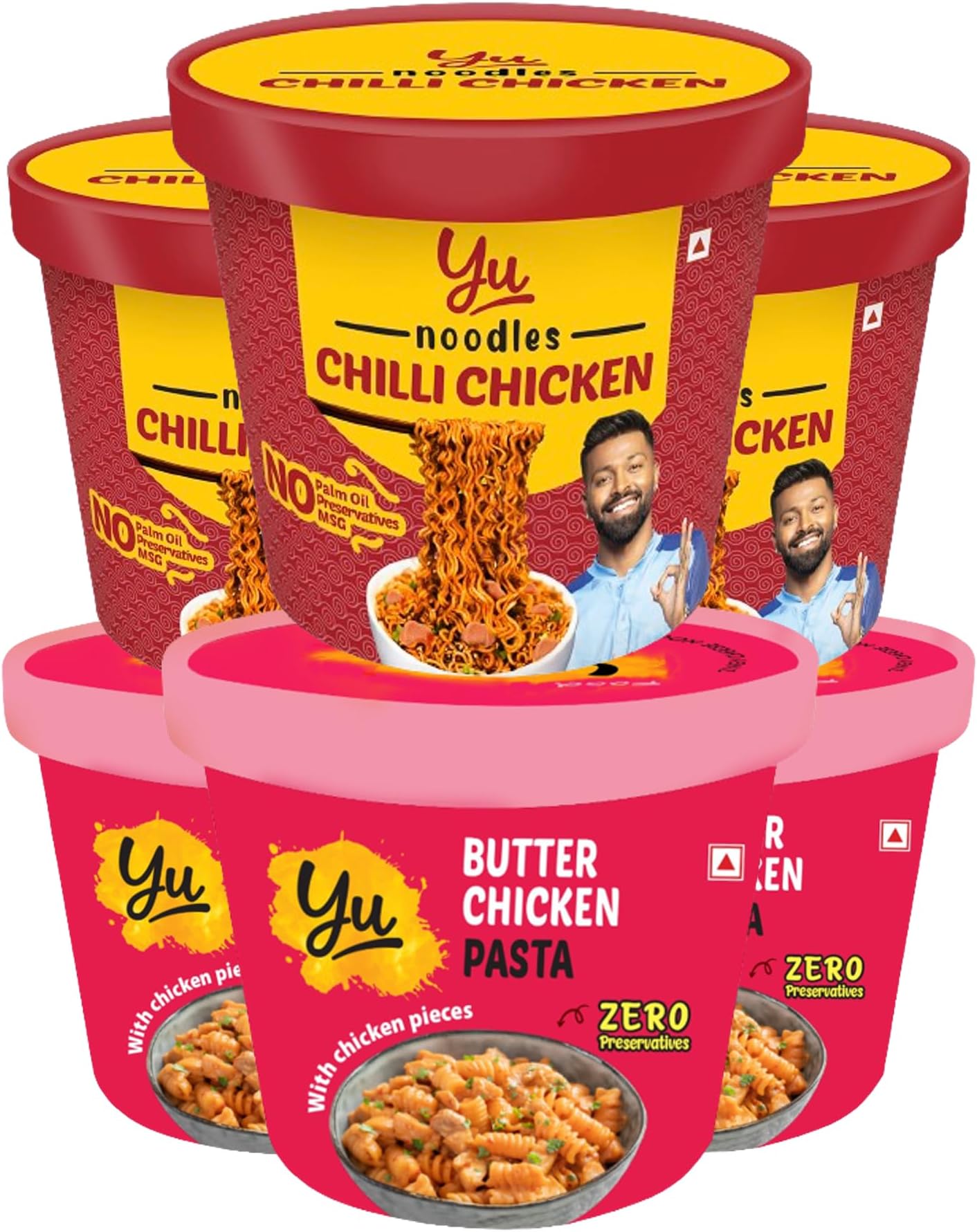 Yu Foodlabs Cup Noodles & Pasta - Non Veg Combo - 3 Chilli Chicken Noodles + 3 Butter Chicken Pasta-Pack of 6 - No Preservatives - Instant Food - Non Veg - Ready To Eat Instant Noodles - 1350g
