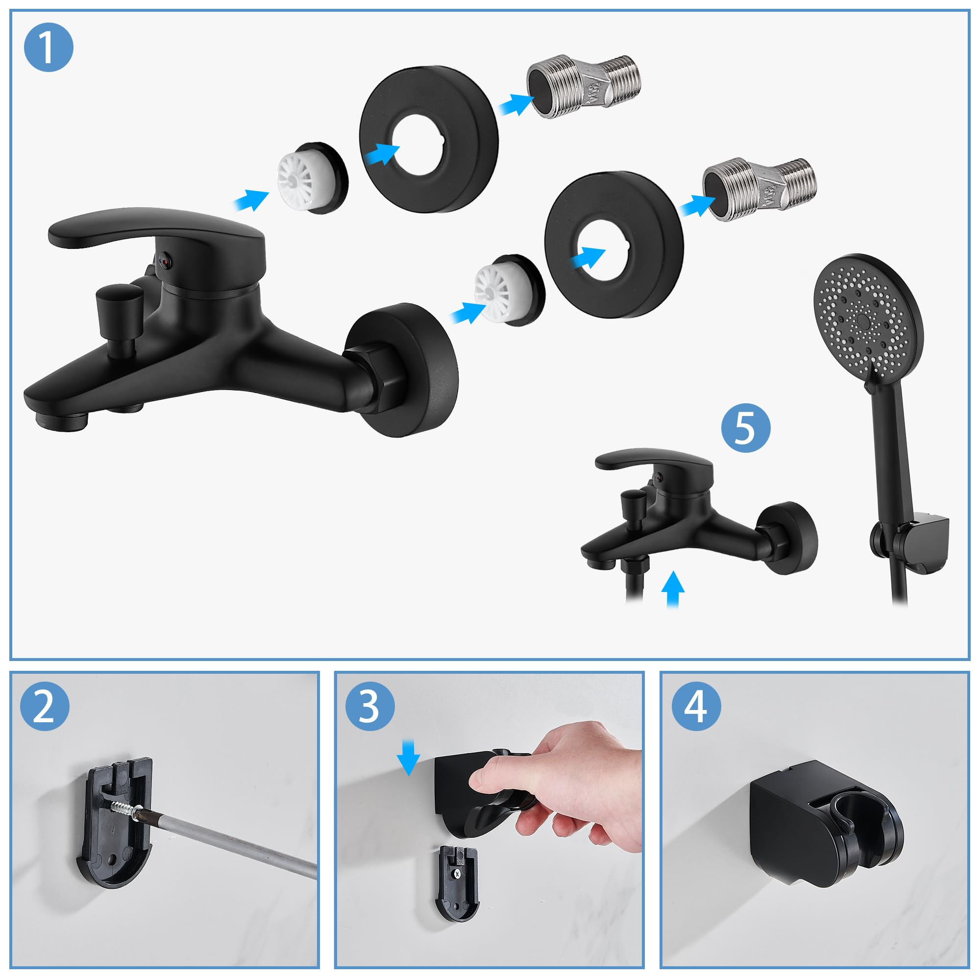 Grifo Bañera y Ducha Monomando con Alcachofa, Manguera y Soporte - Grifo de Bañera con Caño, 150cm Cable Ducha PVC, Cabezal Ducha con 5 Funciones - Negro Mate