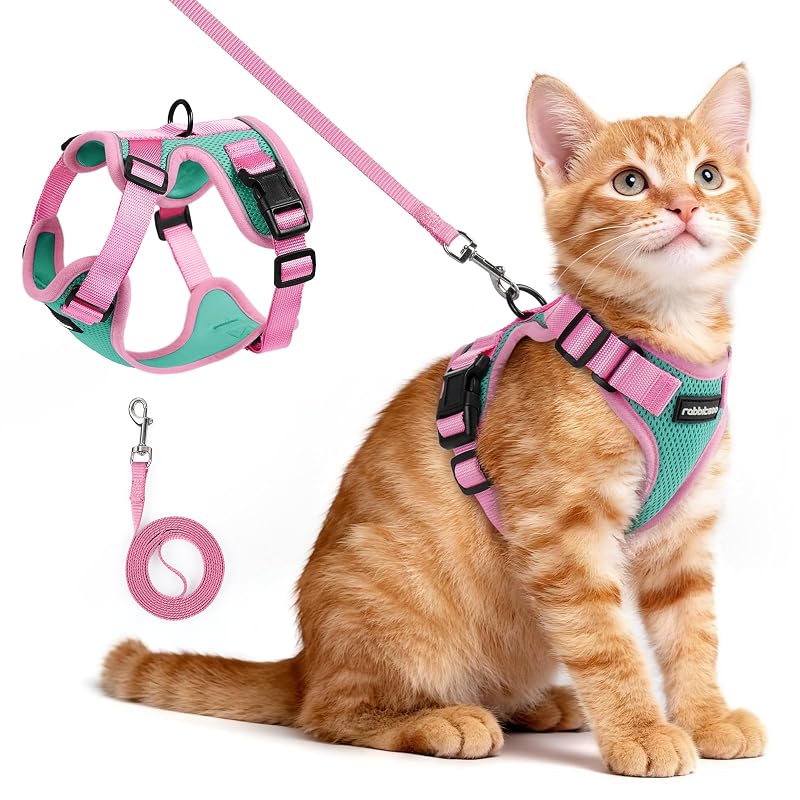 Peitoral para gatos com guia rabbitgoo em malha respirável, Verde e Rosa, tamanho XS