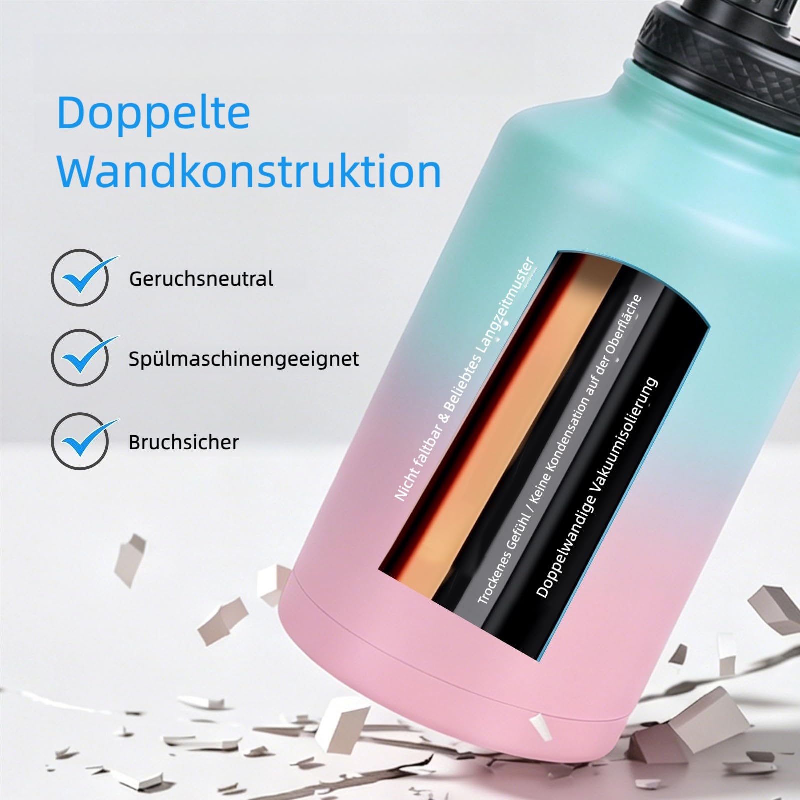 Edelstahl trinkflasche 1.9L - Isolierflasche mit Strohhalm & 2 Deckeln - 100% Auslaufsicher - Reinigungsbürste & 4 Sticker - BPA-frei & spülmaschinenfest - Geschenk für Sport & Arbeit,rosa grün