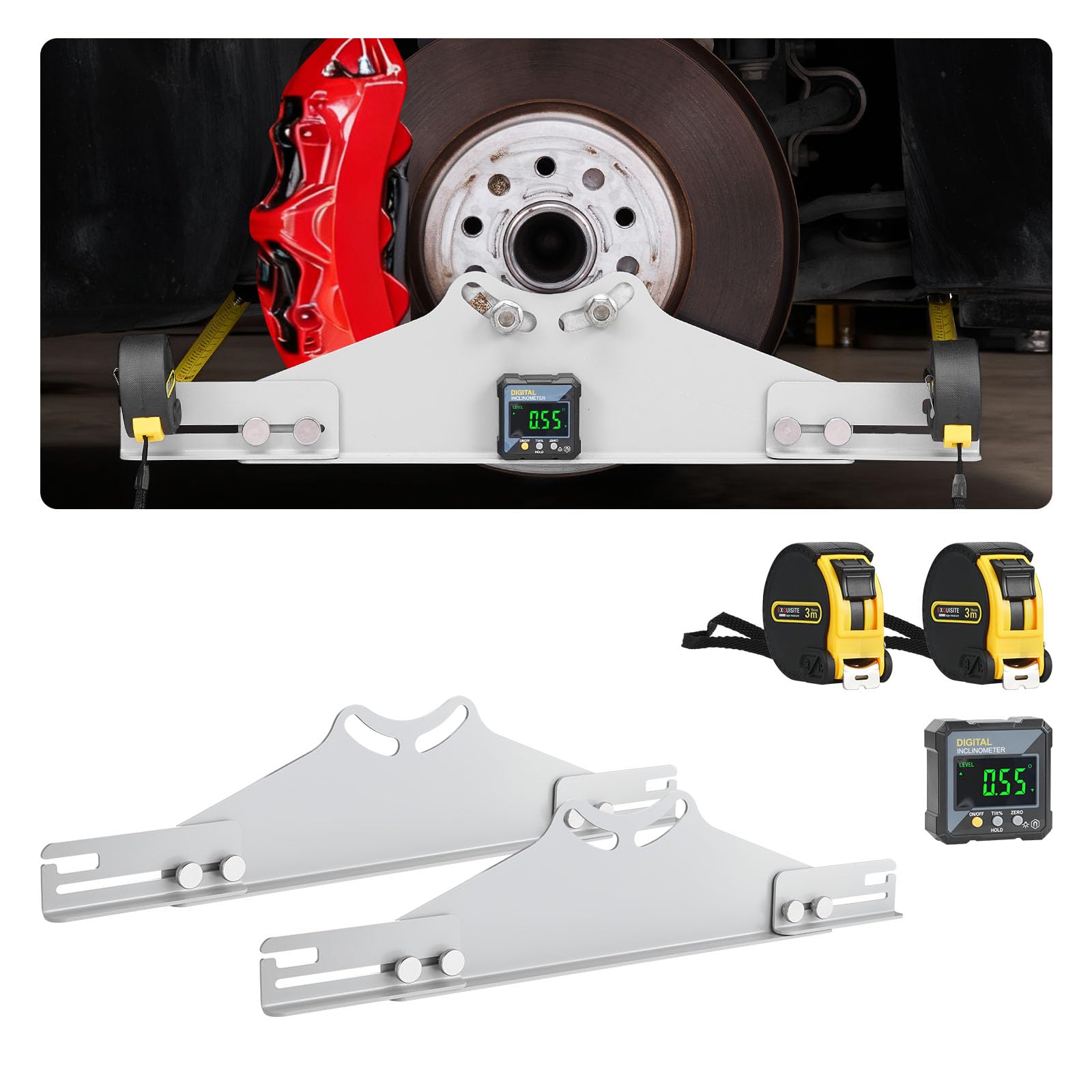 VEVOR Outil d'Alignement de Roue 2PCs, Plaque de Paralléllisme et de Carrossage en Acier Carbone avec Détecteur d'angle Numérique et 2 Rubans à Mesurer, pour Voitures, Camions, SUV et Véhicules