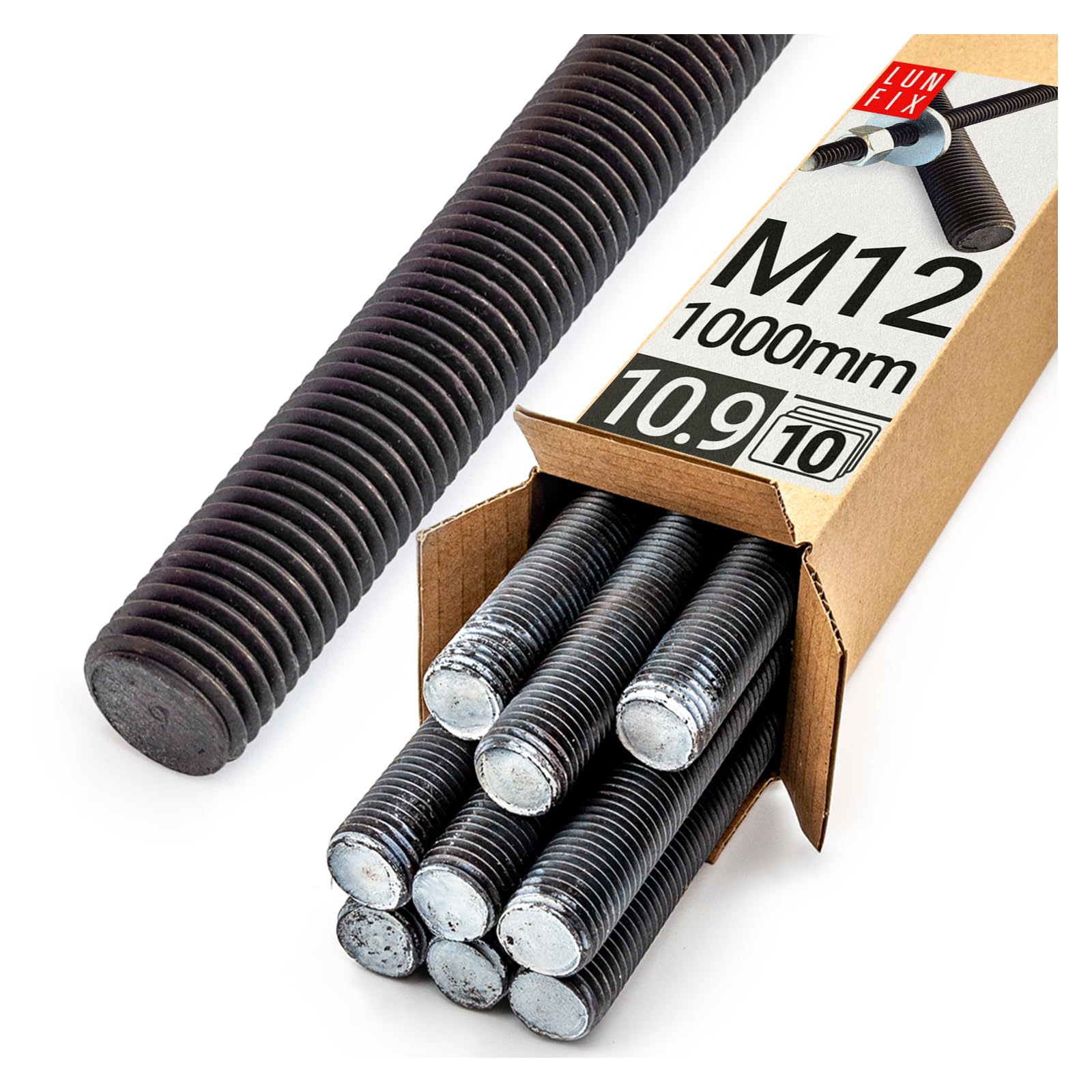 Tige filetée | M12 x 1000 mm | Lot de 10 | Acier galvanisé 10.9 | DIN 976 | Filetage métrique | Goujon fileté M12 | Vis longue | Fixation industrielle | Montage métal