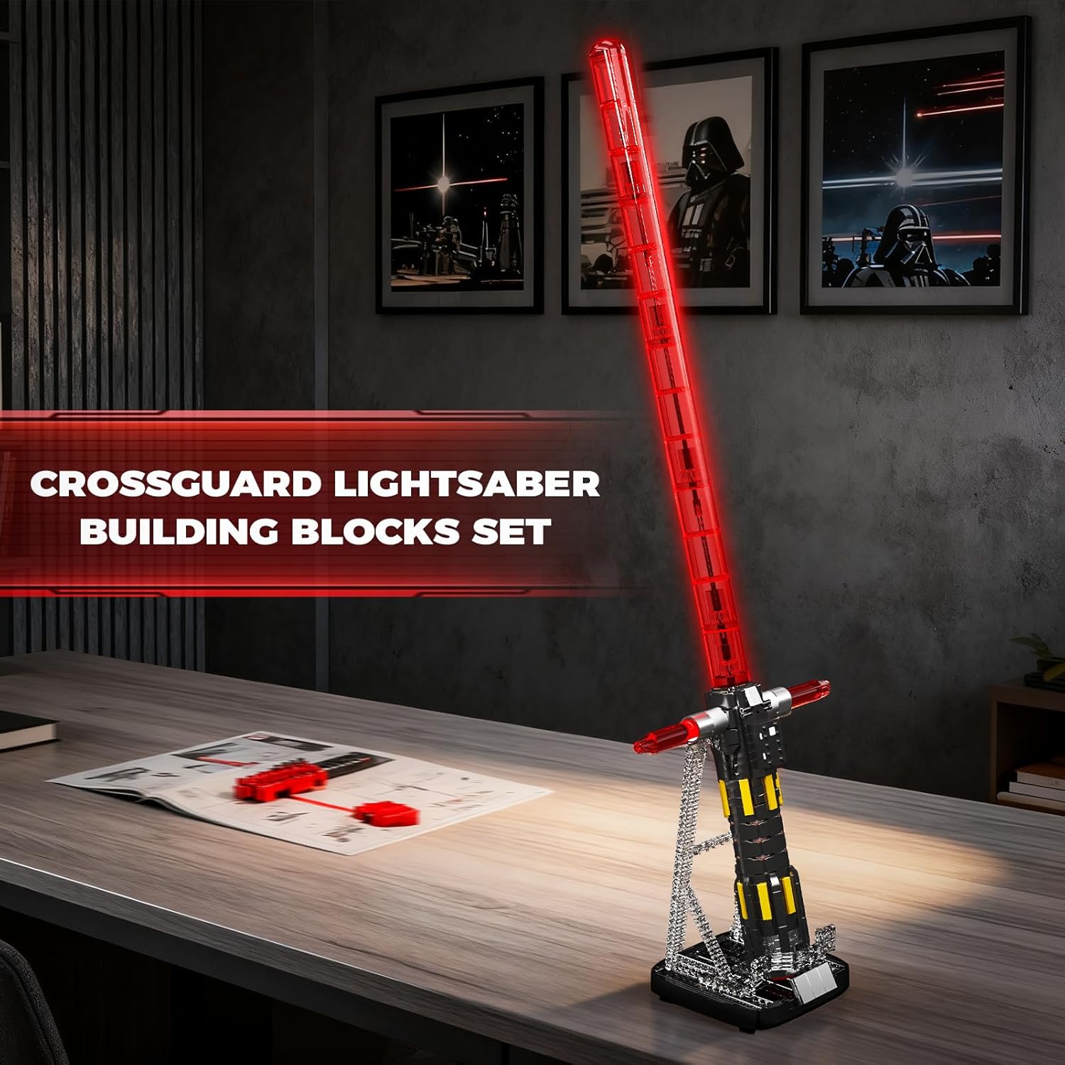 Mould King 10239 Lightsaber displayed on its stand in a room setting.
