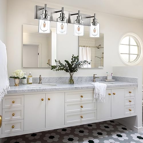 Miniatura 7 de 4 luces de tocador de baño, níquel cepillado, accesorios de iluminación de baño sobre espejo con vidrio transparente, aplique de pared industrial