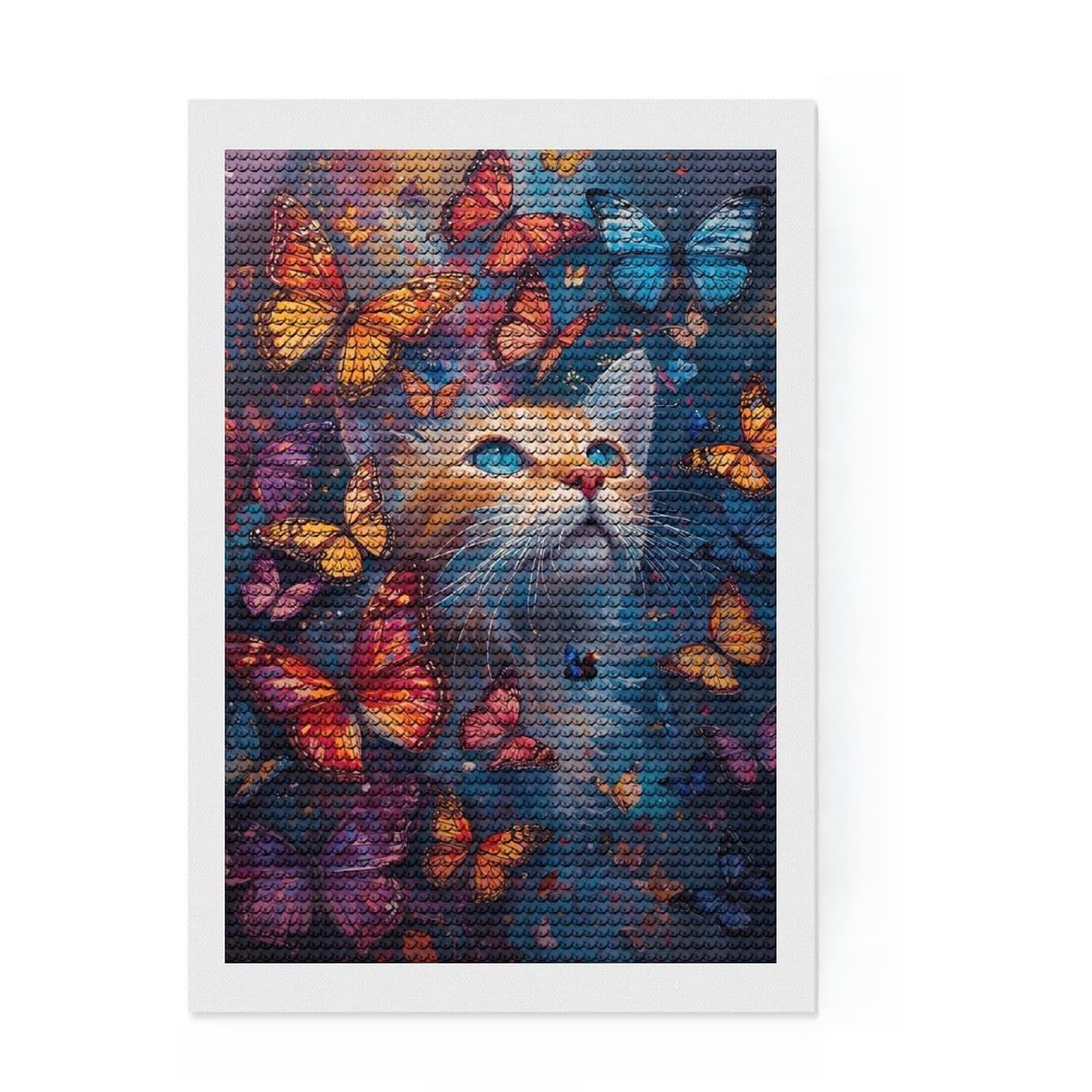 Junmoney Cat and Butterflies Dreamscape DIY Diamond Art Canvas Kit 8"x12", Boho Decor, for Teens, with Tool Kit, Christmas Gift, Mindful Craft Activity