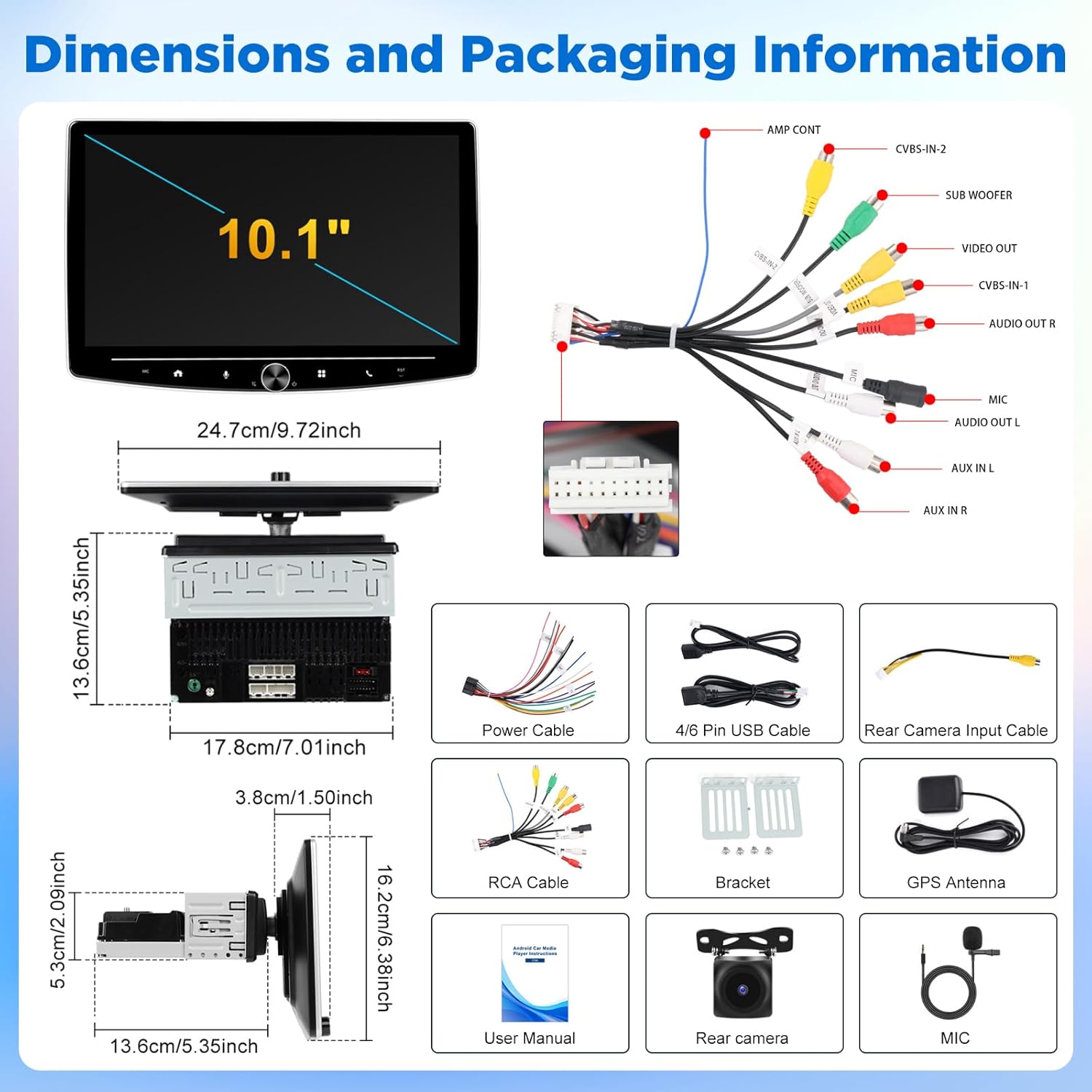 [4G+64G] 10 inch Android Single Din Car Stereo Rotatable 10.1 inch Touch Screen Carplay Radio with Wireless Car Play/Android Auto/Bluetooth//FM RDS/SWC/GPS + AHD Backup Camera