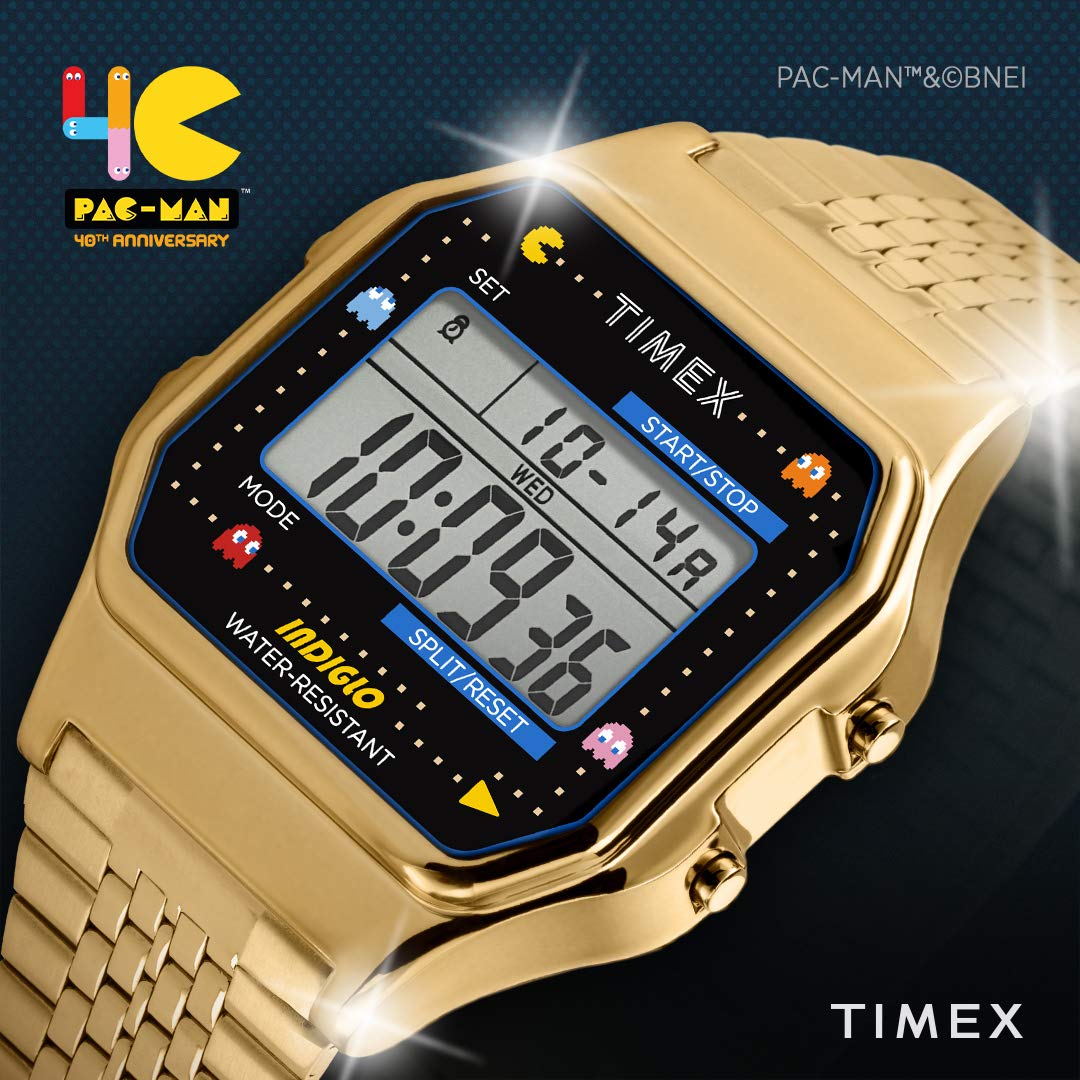 Vinklet view of the TIMEXT80 X Pac-Man Digital Watch, highlighting the Pac-Man characters on the watch face and the gold-tone band.