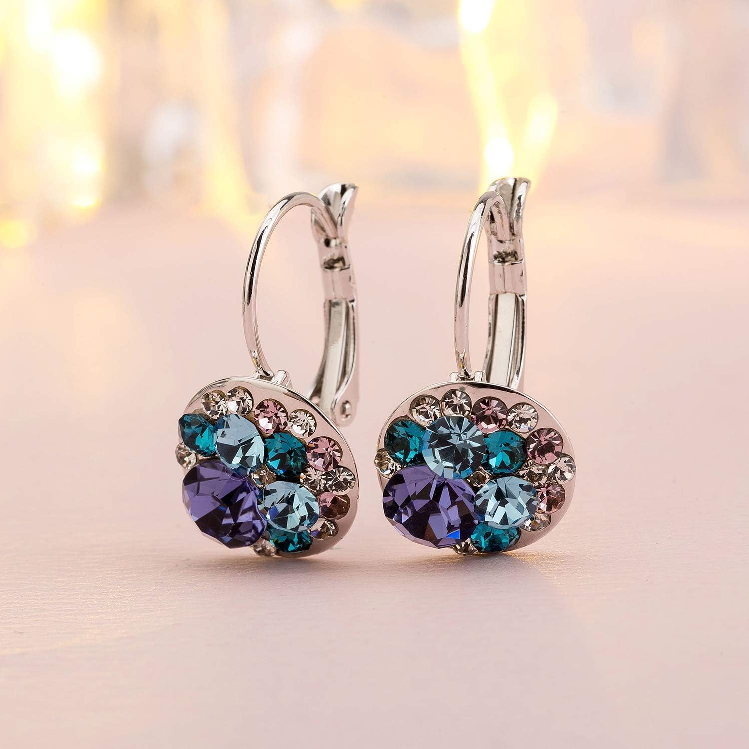 Multicolored Austrian Crystal Leverback Earrings for Women 14K Gold Plated Dangle Hoop Earrings Hypoallergenic Jewelry - Image 5