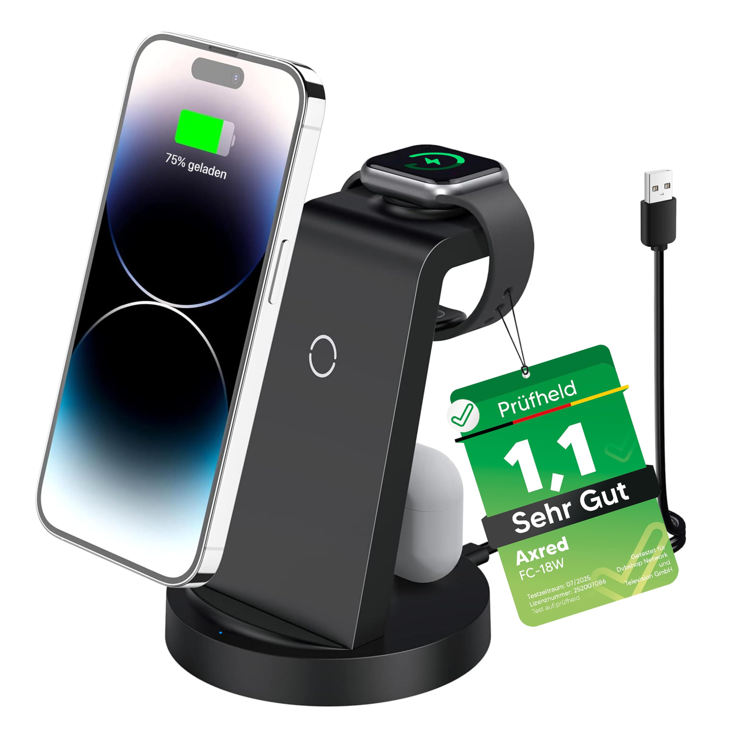 AXRED FC-18 W 3 w 1 bezprzewodowa ładowarka do telefonu Qi, indukcyjna stacja ładująca, bezprzewodowa ładowarka do szybkiego ładowania, kompatybilna z Apple iPhone, Watch, AirPods i Samsung