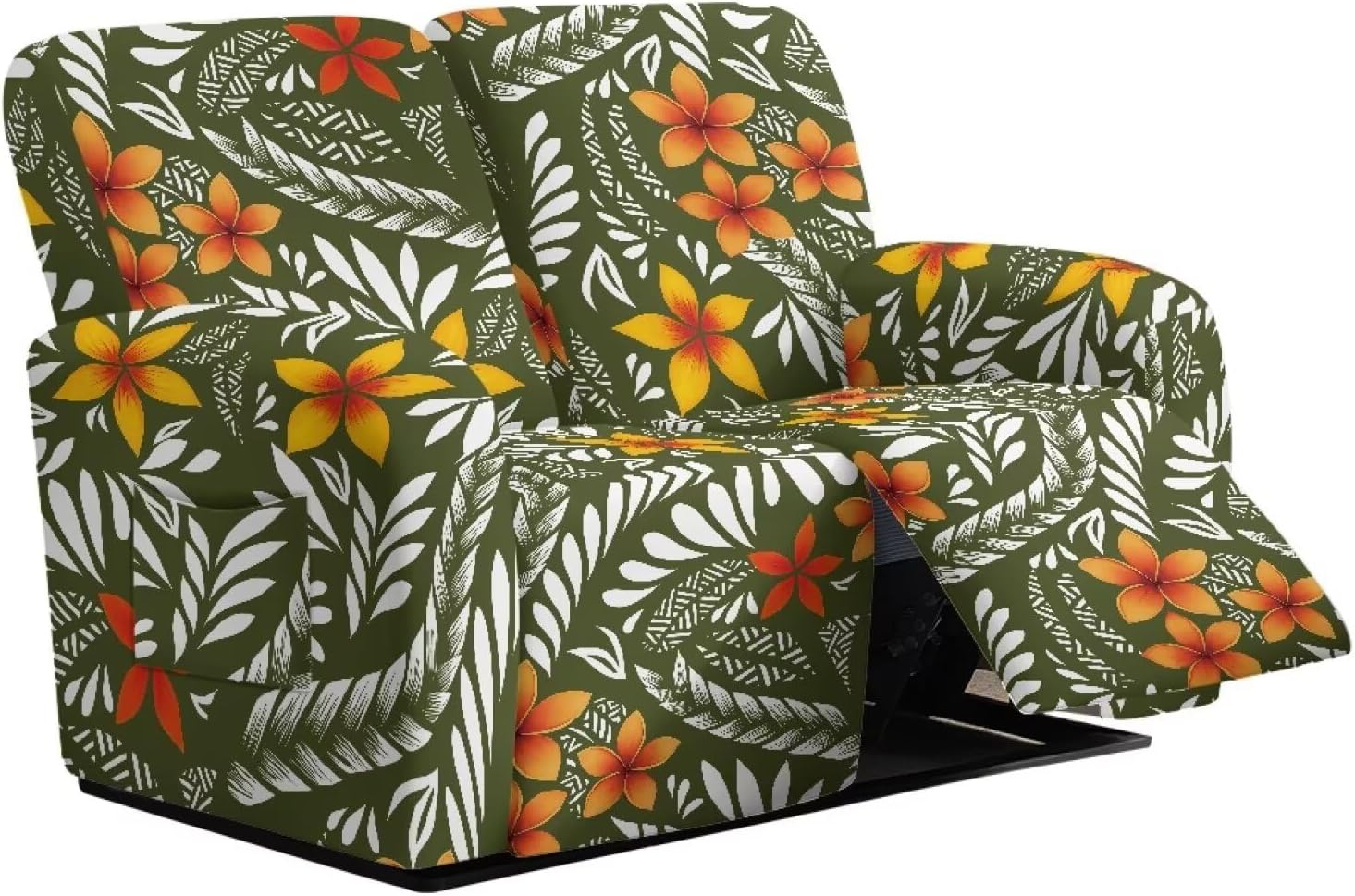Polynesia Flower Two Recliner Couch Cover Non Slip Lazy Boy Recliner Slipcovers with Pockets, Green Oversize Loveseat Recliners Covers 2 Seater Easy to Install