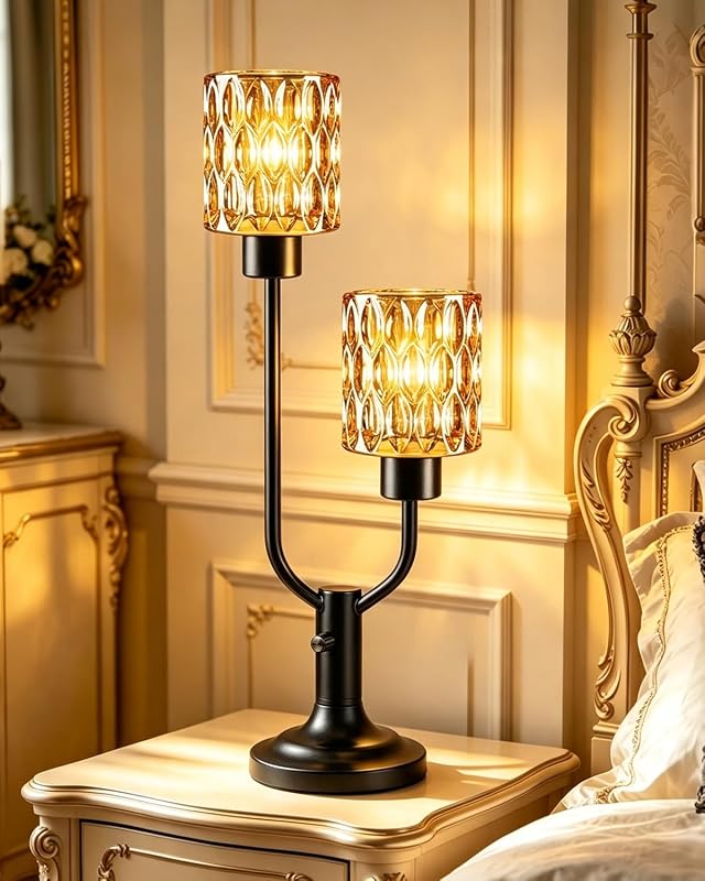 Mid Century Modern Table Lamp Vintage Black Lamp Dimmable Gift | Nightstand Lamp Amber Glass Desk Lamp 2 Bulbs Included Warmwhite Ambient Bedside Lamps for Bedroom Living Room Home Decor