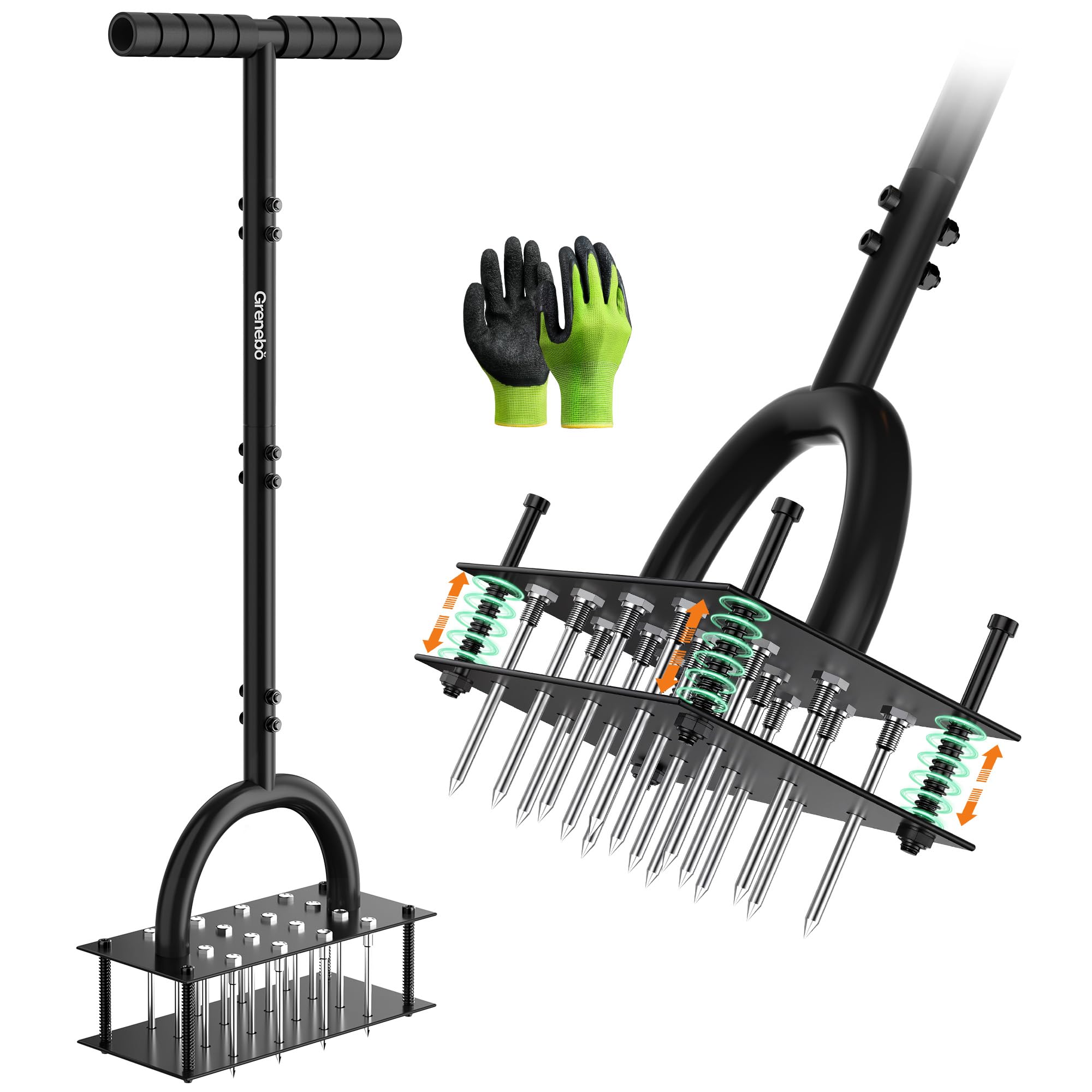 Grenebo Rasenbelüfter – Handbelüfter mit 16 Stacheln, Metall-Rasenbelüfter für den Garten, Rasenbelüftung, automatischer Bodenauswurf (schwarz)