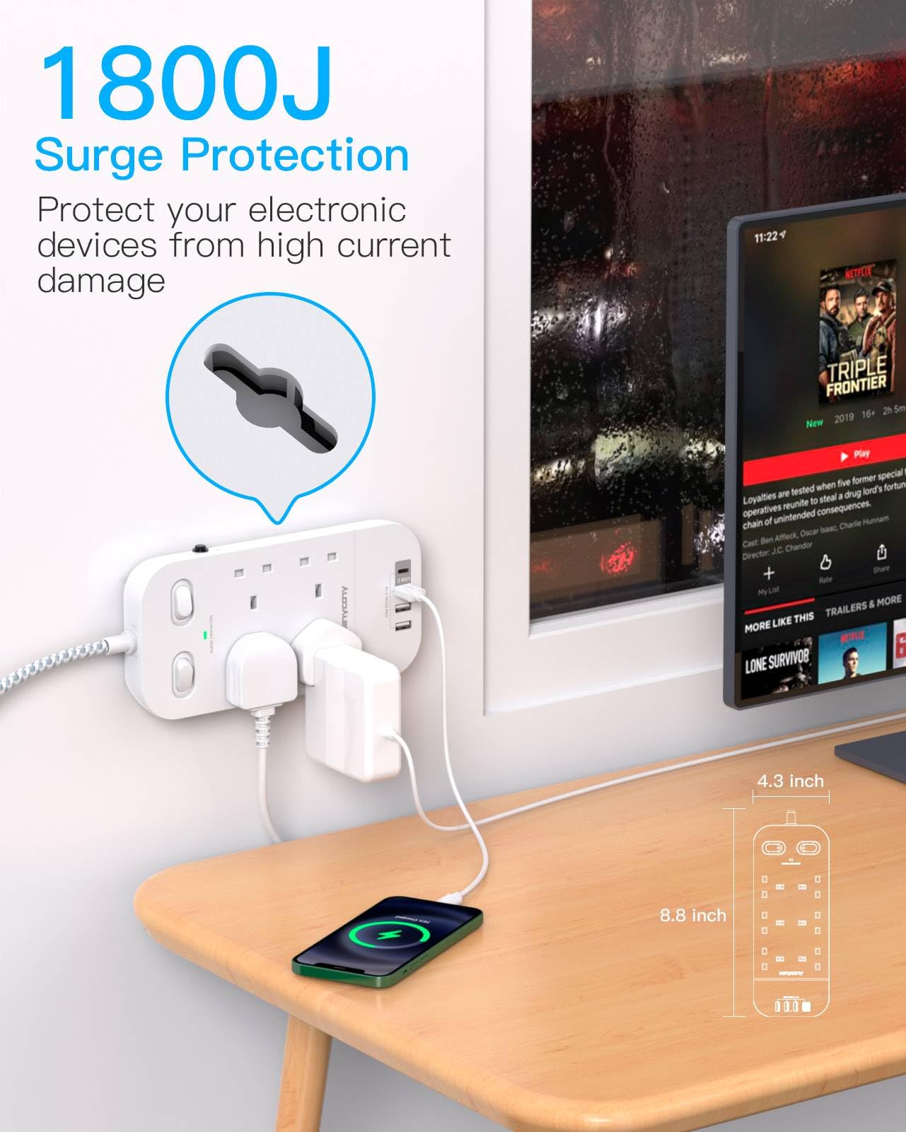 4 Way Surge Protected Extension Lead with USB Slots – Multi Plug Power Strip Extension Cable with Double Switches, Plug Extension Socket 1.8M Braided Extension Cord for Home Office Accessories — view 3