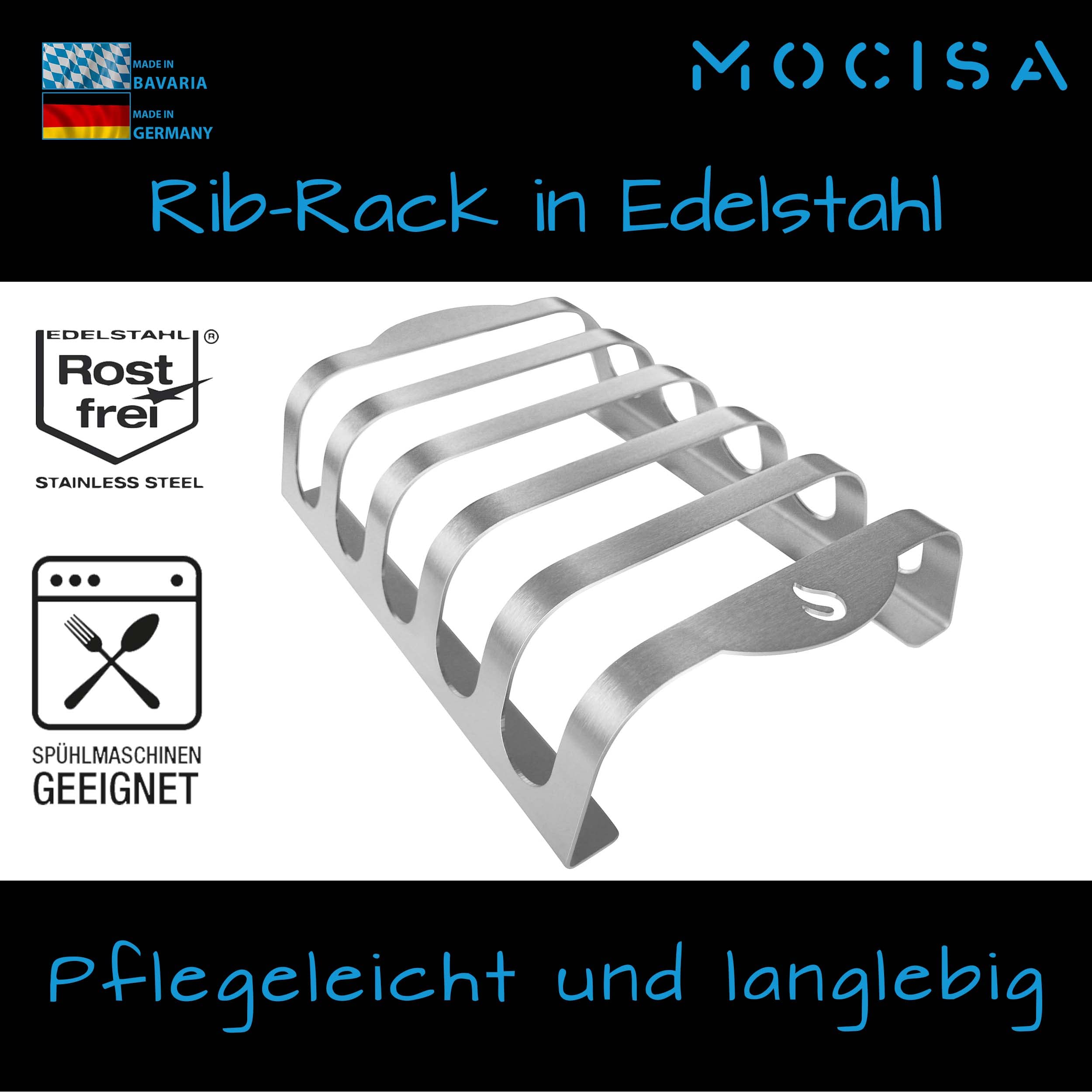 Rib-Rack Lot de 5 supports à côtes avec poignées - Outil professionnel pour griller des côtes - En acier inoxydable - Convient à un usage alimentaire - Fabriqué en Bavière - Pour 5 côtes