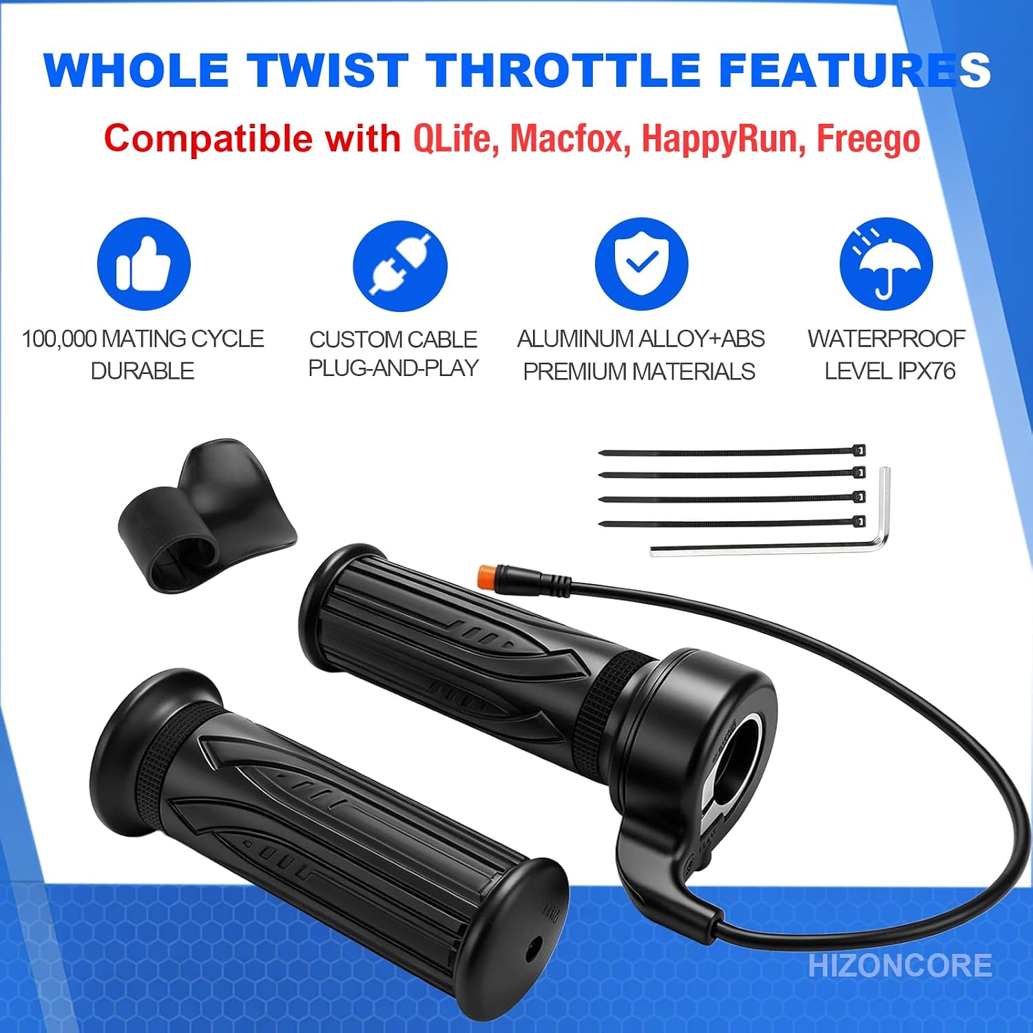 Full Twist Throttle for Qlife Racer, 3 Pin Waterproof Plug and Play Ebike Throttle Grips for Macfox, HappyRun, Freego, Electric Bike