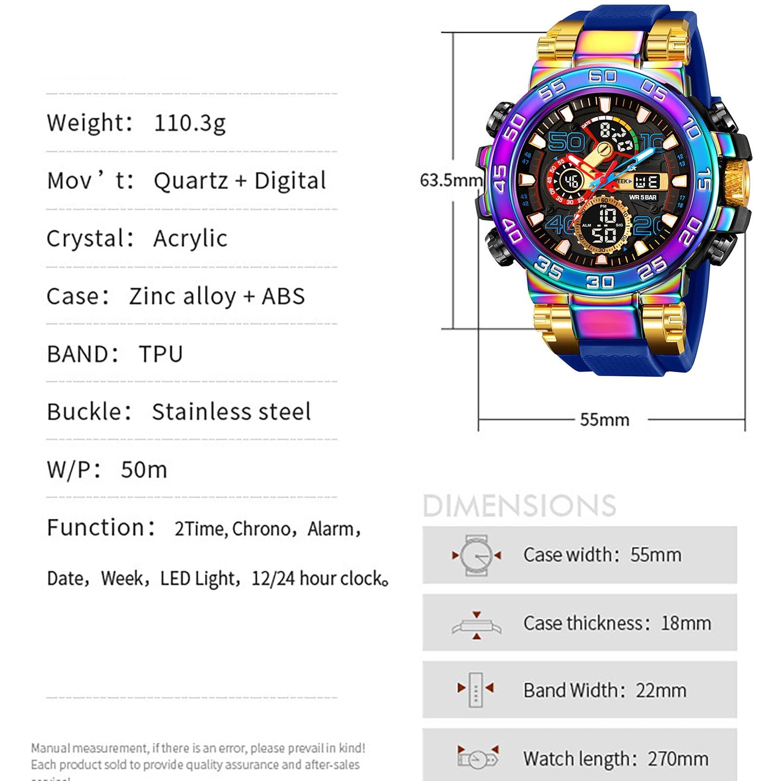 findtime Relojes coloridos para hombre 5ATM resistente al agua reloj digital con doble hora 12/24H indicador LED fecha cronómetro reloj grande para hombre moderno diseño militar
