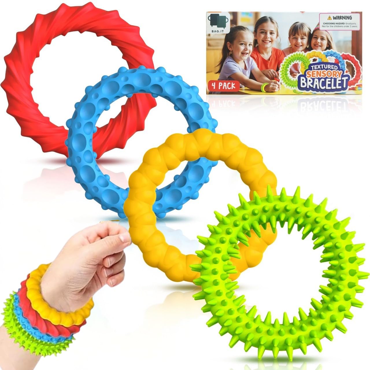 4PCS Sensory Fidget Bracelet| Stretchy Anxiety & Stress Relief Wristbands Toys for Autism + ADHD | Emotion Worry, Focus, Relax & Sensory Stimulation ,Classroom Fidget Rubber Toys for Kids & Adults