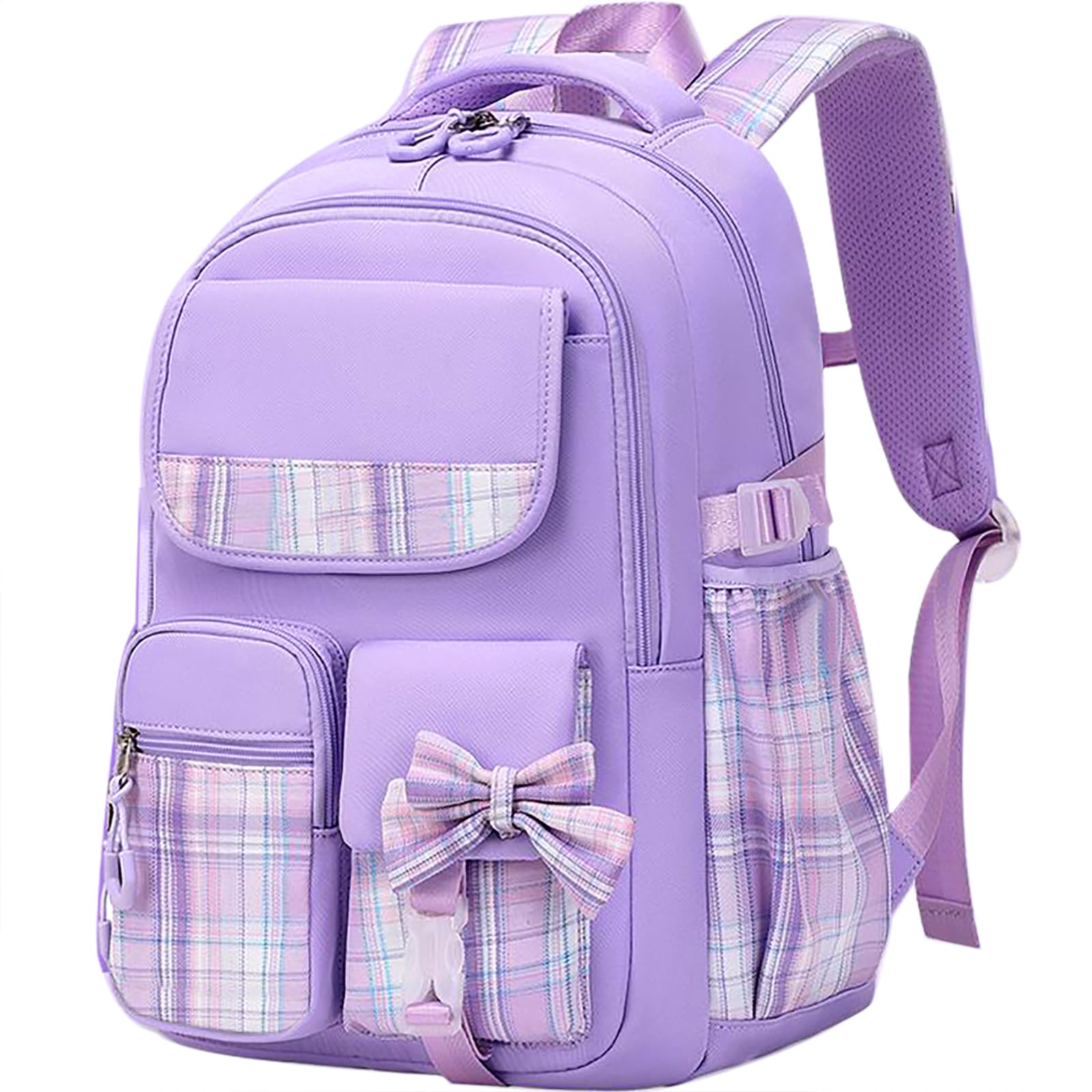 MCWTH Checkered Backpack for Teen Girls, Kawaii Cute Kids Elementary Student School Backpacks (Bow Purple)