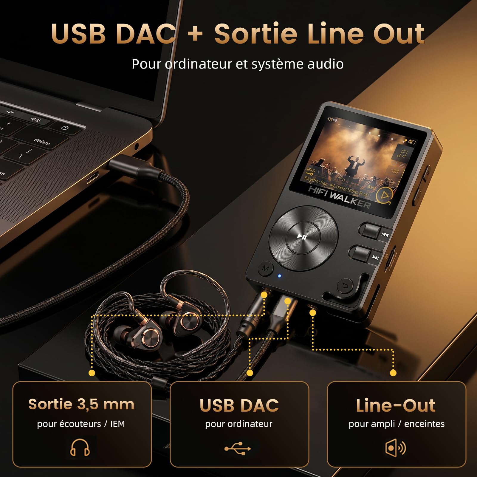 HIFI WALKER H2 Lecteur MP3 Bluetooth Hi-Res, Baladeur MP3 HiFi Audiophile 64 Go, DAC ESS DSD FLAC, Lecteur Audio Portable, Boîtier Zinc, USB DAC, Line Out, Extensible Jusqu’à 512 Go
