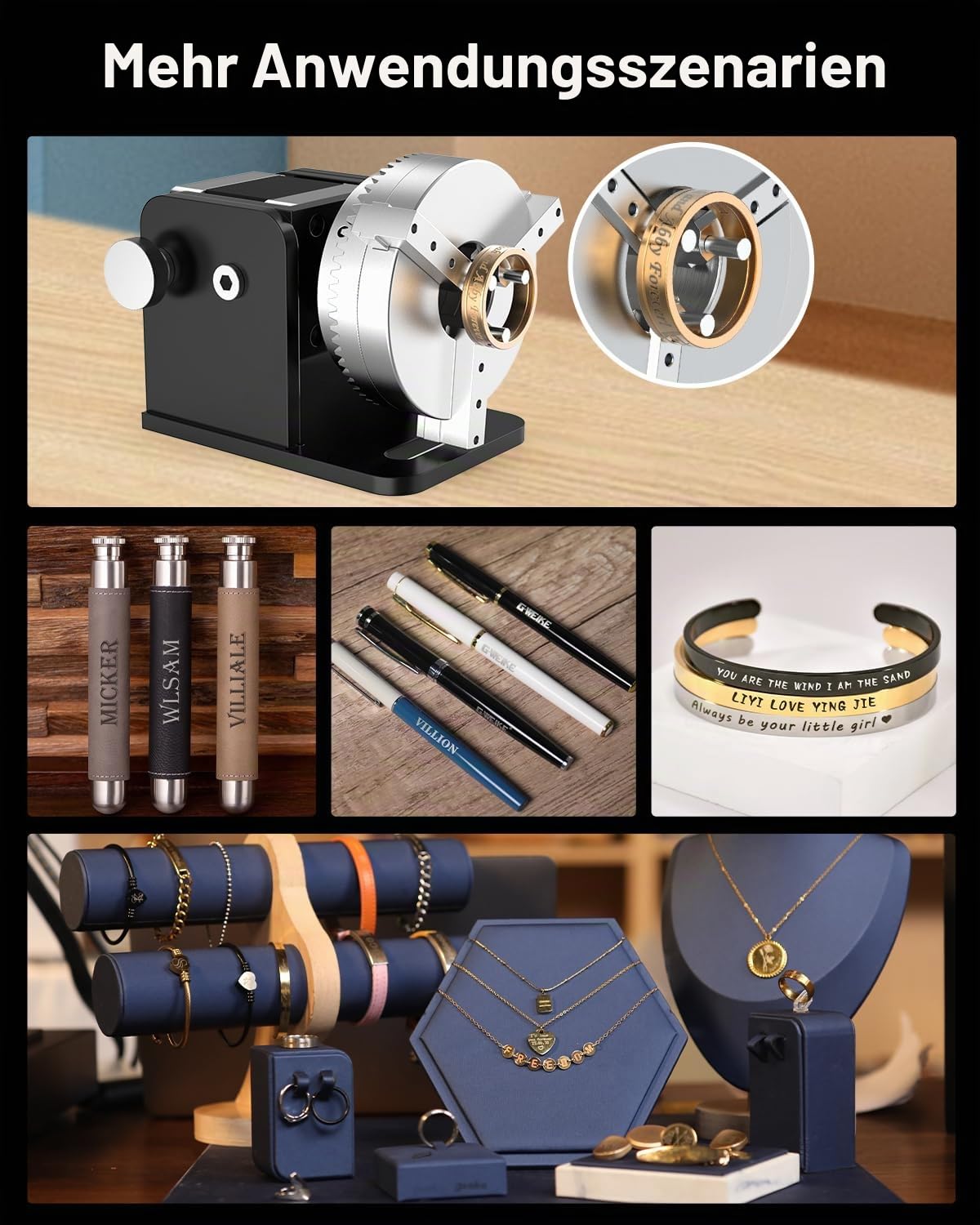 GWEIKE Chuck Rotary für G2/Plus/G2 Pro/G2 Max Lasergravurmaschinen-Zubehör, Drehteller - Geeignet zum Gravieren von Ringen, Armbändern, Stiften, kleinen Zylindern