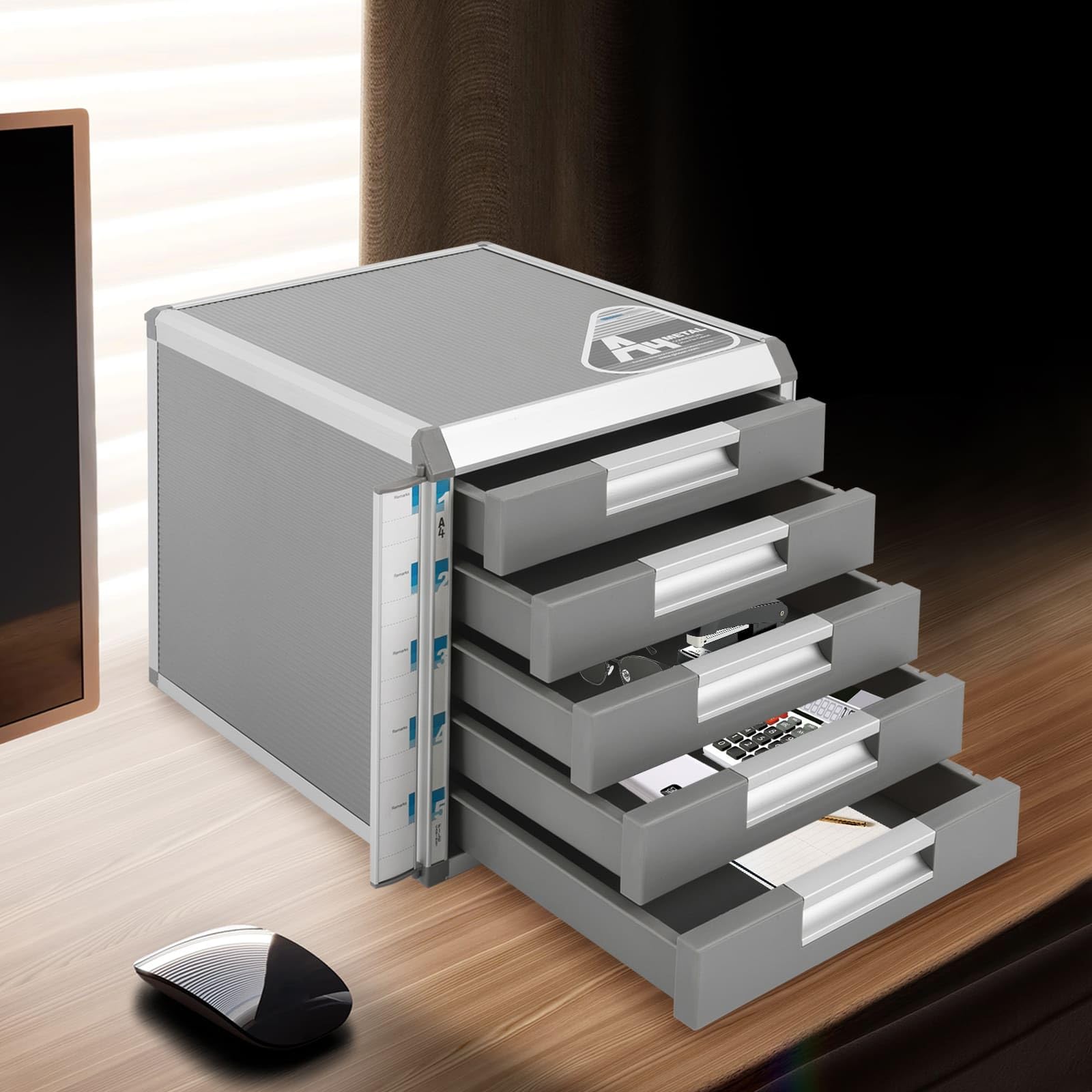 Organizzatore da scrivania in lega di alluminio a 5 livelli, scatola di immagazzinaggio file con cassetti e chiavi, bloccabile, ideale per riporre forniture per ufficio