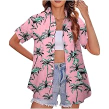 Women Hawaii Shirts Soft Cool Floral Tropic Print V Neck Tops Summer Casual Short Sleeve Button Up Blouse