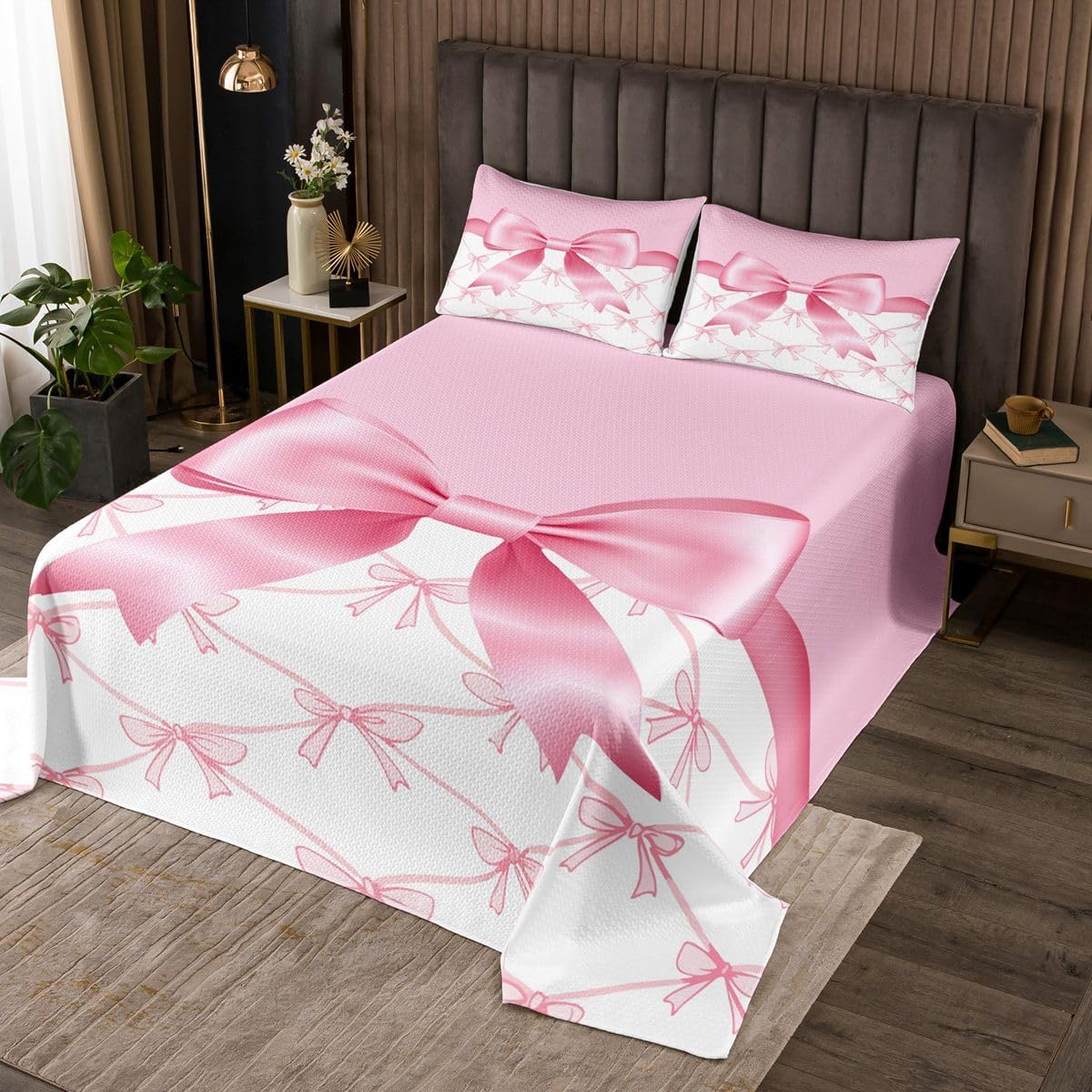 Feelyou Pink Bow Bedspread King Size Cute Ribbon Bow Coverlet Set White Pink Quilted Coverlet for All Season with 2 Pillowcases Princess Style Bed Cover