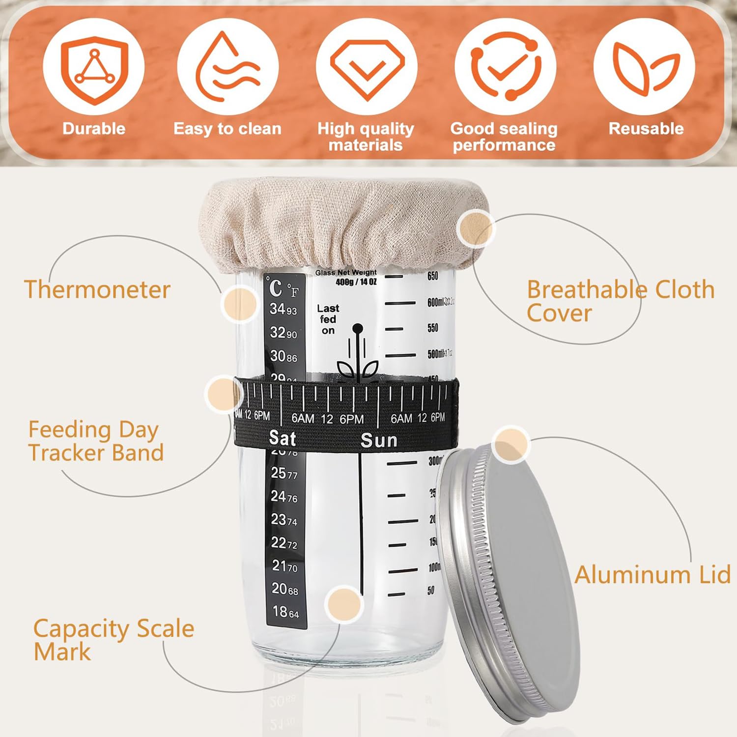 Hniuyun Sourdough Starter Kit with Thermometer & Scraper, 650ml Wide Mouth Glass Jar - Image 3