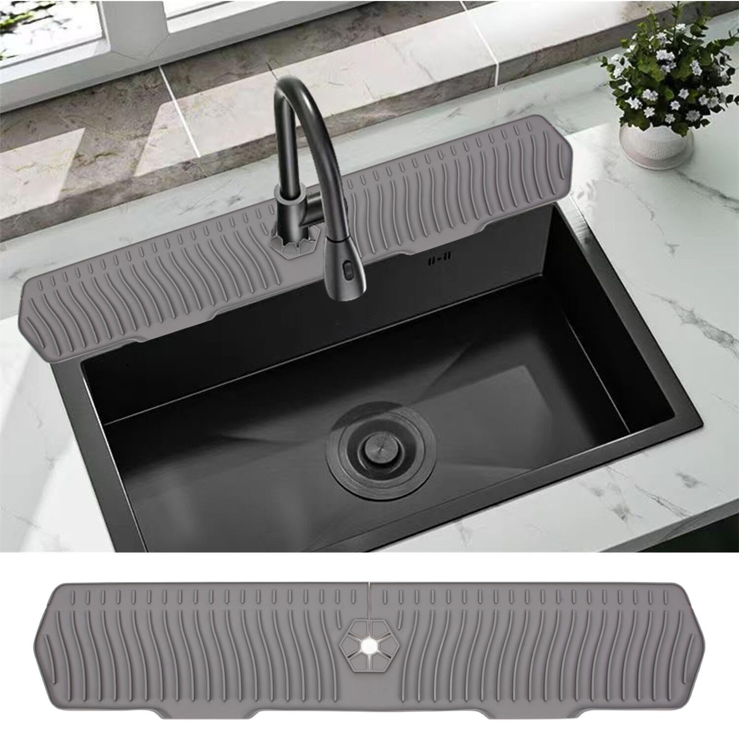 30 Inch Sink Splash Guard, Large Size Kitchen Sink Splash Guard, Longer Silicone Faucet Handle Drip Catcher Tray for Kitchen Countertop, Bathroom, Farmhouse (Grey)