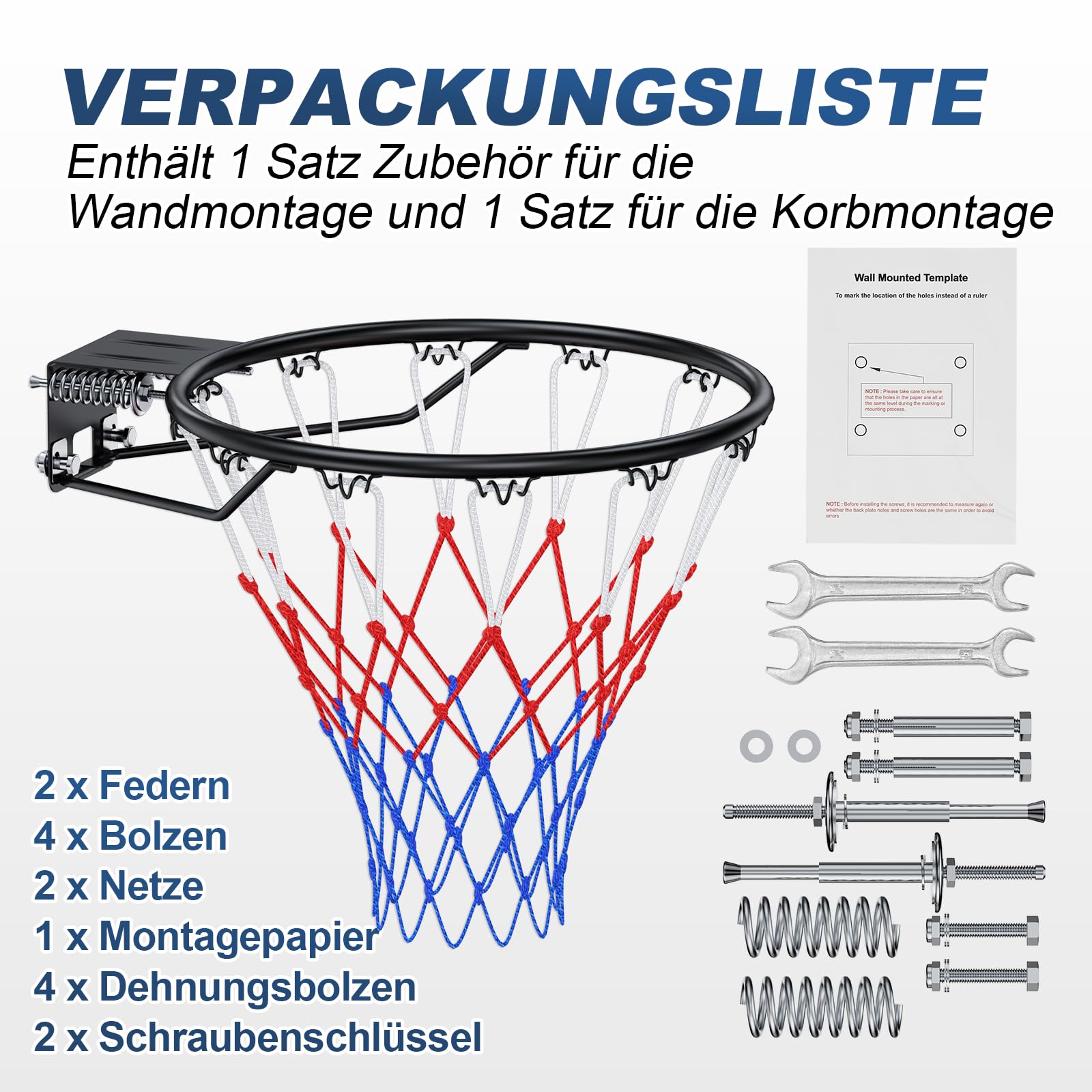 Arijam Massiver Basketballkorb Ø46 cm Ersatz Wand montiert Outdoor-Basketballkorb Heavy Duty Stahl Doppelter Feder-Rahmen Allwetter-Netz
