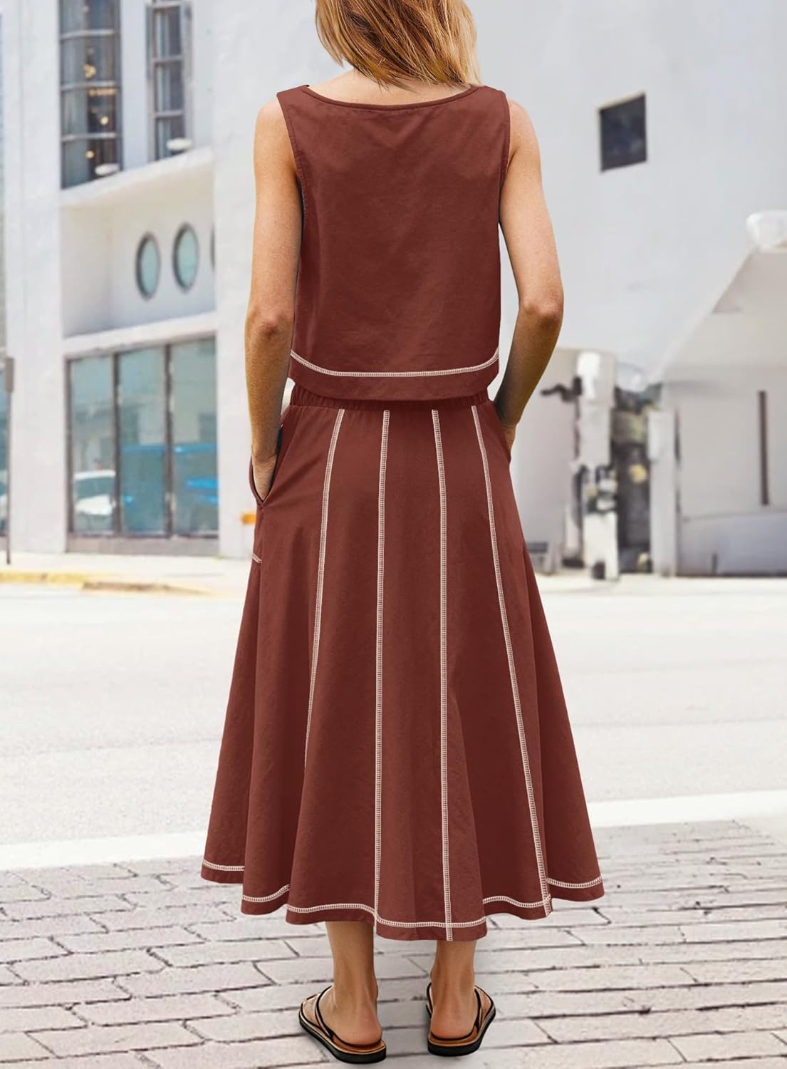 Yanekop Womens Skirt Sets 2 Piece Outfits Casual Summer Sets Vacation Matching Lounge Set Midi Skirt and Top Set 2025 - Image 5