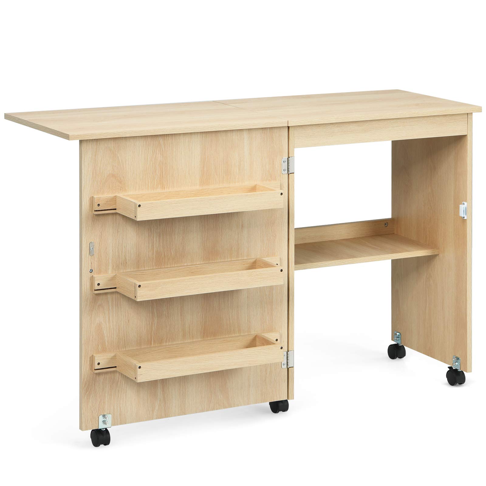 COSTWAY Mesa Maquina de Coser Plegable, 2 en 1 Mueble Maquina Coser con 3 Compartimientos, 1 Estante de Almacenamiento y 5 Ruedas Bloqueables, Mesa de Costura Que Ahorro de Espacio (Natural Claro)