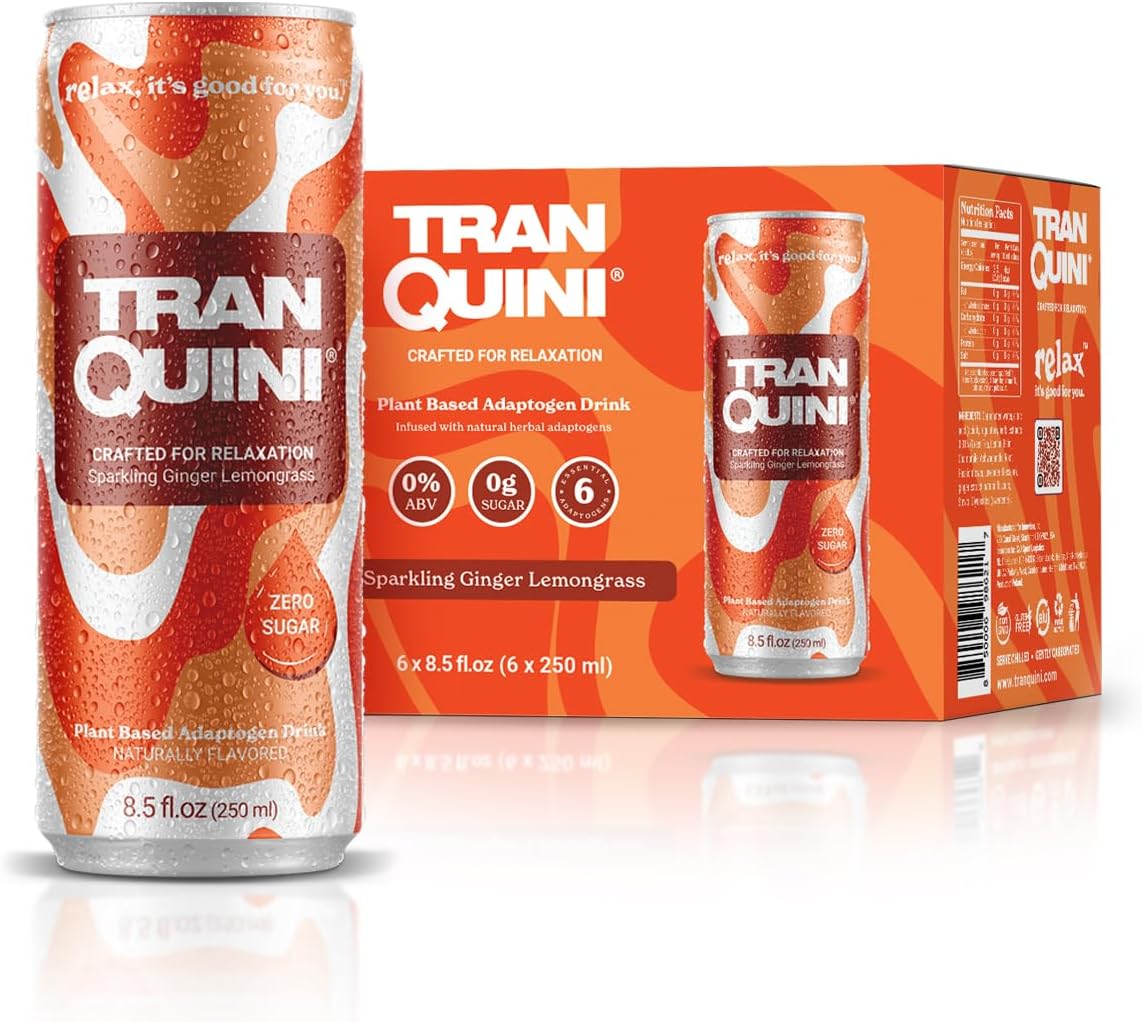 Tranquini Calming Drink With Herbal Adaptogens | Sparkling Water Stress Relief Beverage | Sugar Free, Non Alcoholic, Gluten Free, Vegan - 250ml Ginger Lemongrass (6 cans)