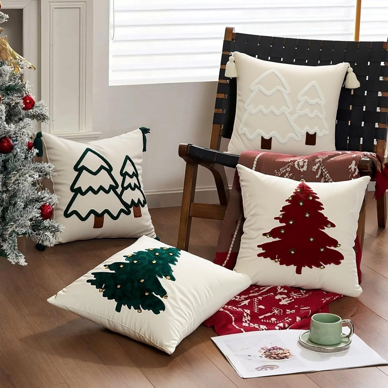 2PC Christmas Throw Pillow Covers 20x20 inch Set of 2 Xmas Tree Decorations Soft Velvet with Bells,New Year Farmhouse Pillowcase Winter Holiday Decor
