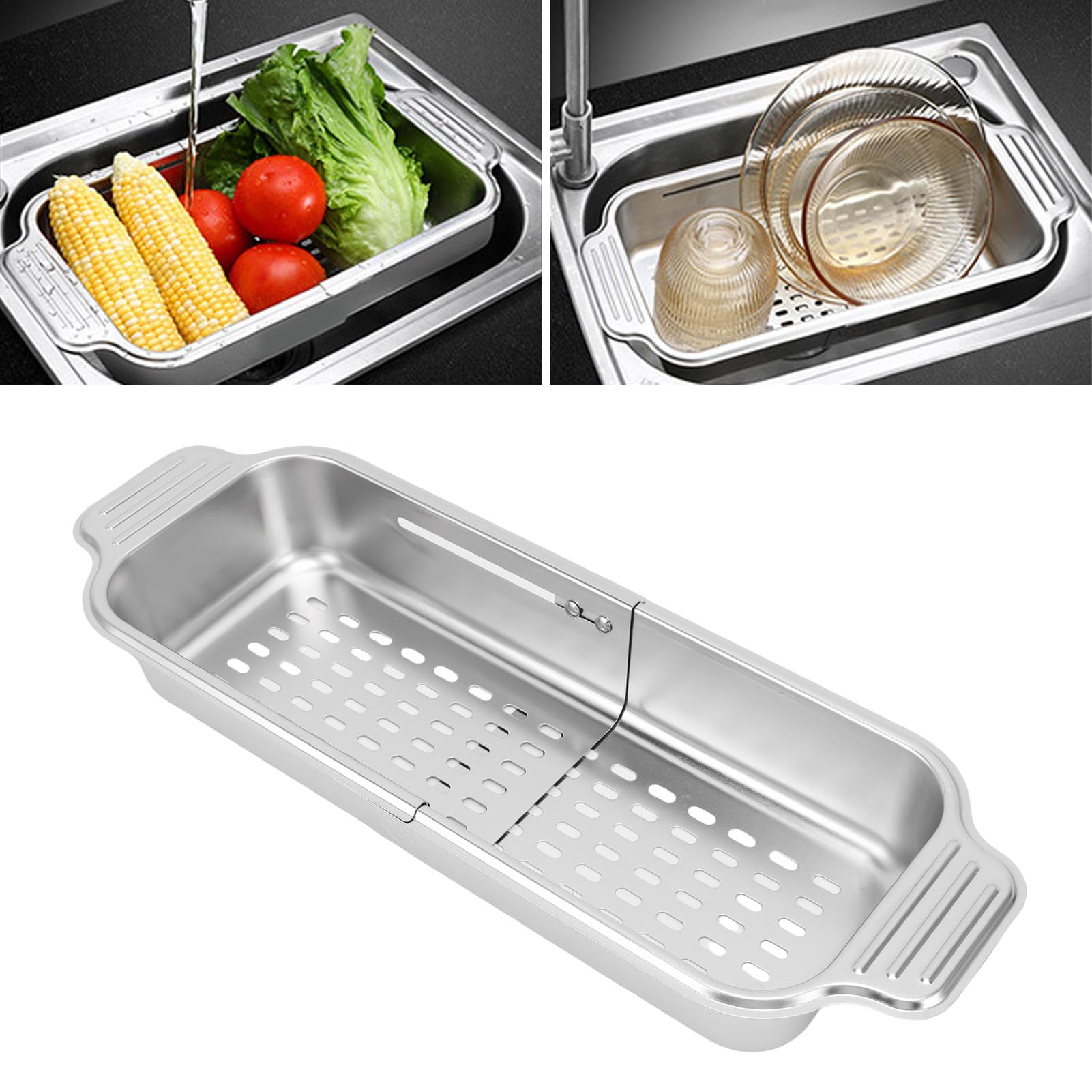 Colador sobre el fregadero Colador sobre el colador Cesta de drenaje extensible Acero inoxidable 304 Colador sobre el fregadero para cocina Lavar verduras Frutas (Tamaño pequeño)