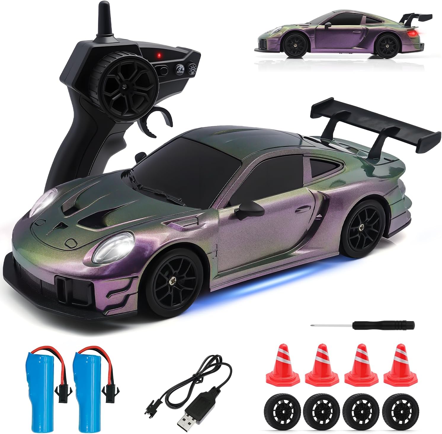 RC Drift Car, 1:24 4WD Remote Control Cars Vehicle with LED Light,2.4GHz 20KM/H High Speed RC Cars with Two Batteries & Drifting Tires Racing Sport Toy for Adults Boys Girls Kids